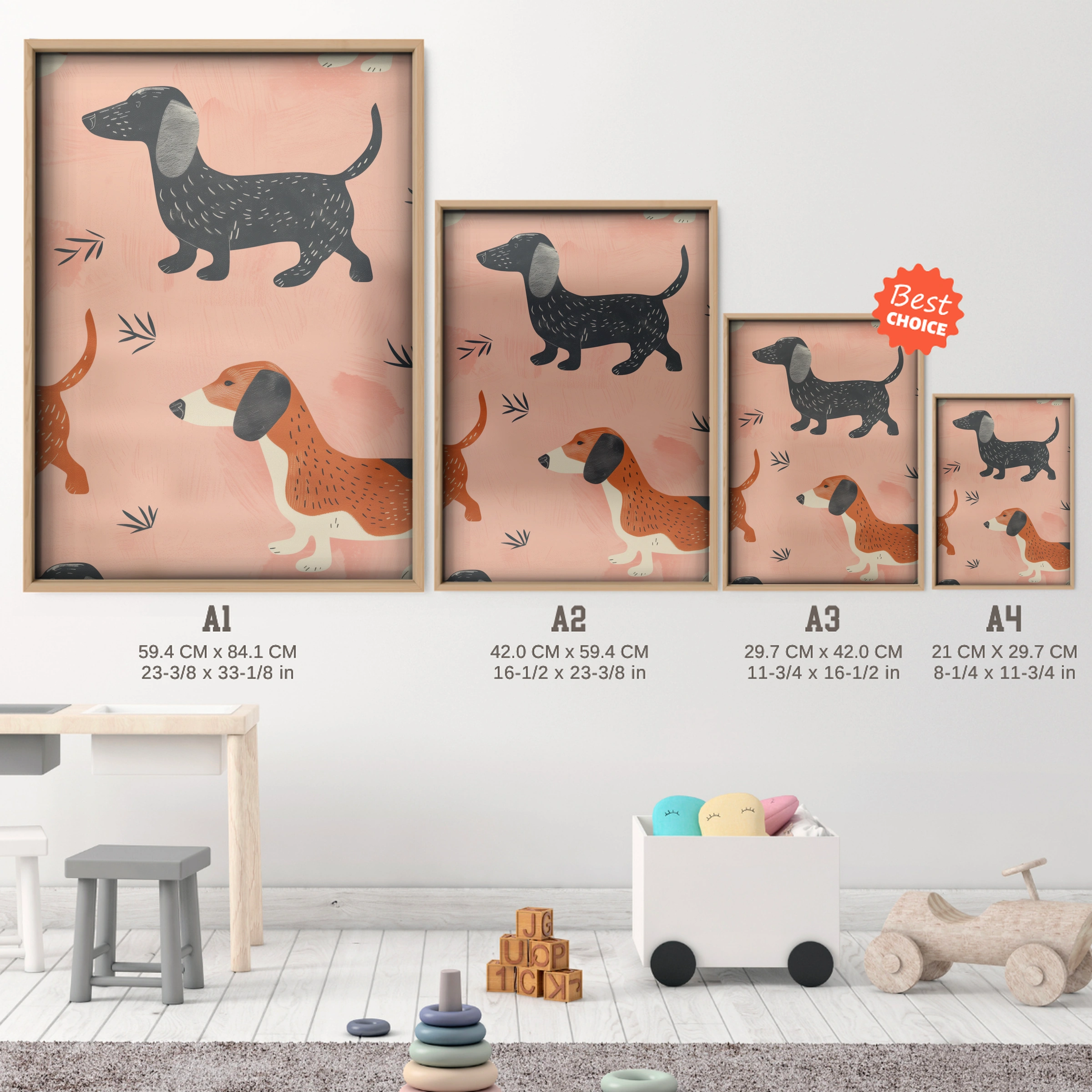 Dogs Pattern Nursery Print - size guide A4 A3 A2 A1 nursery print