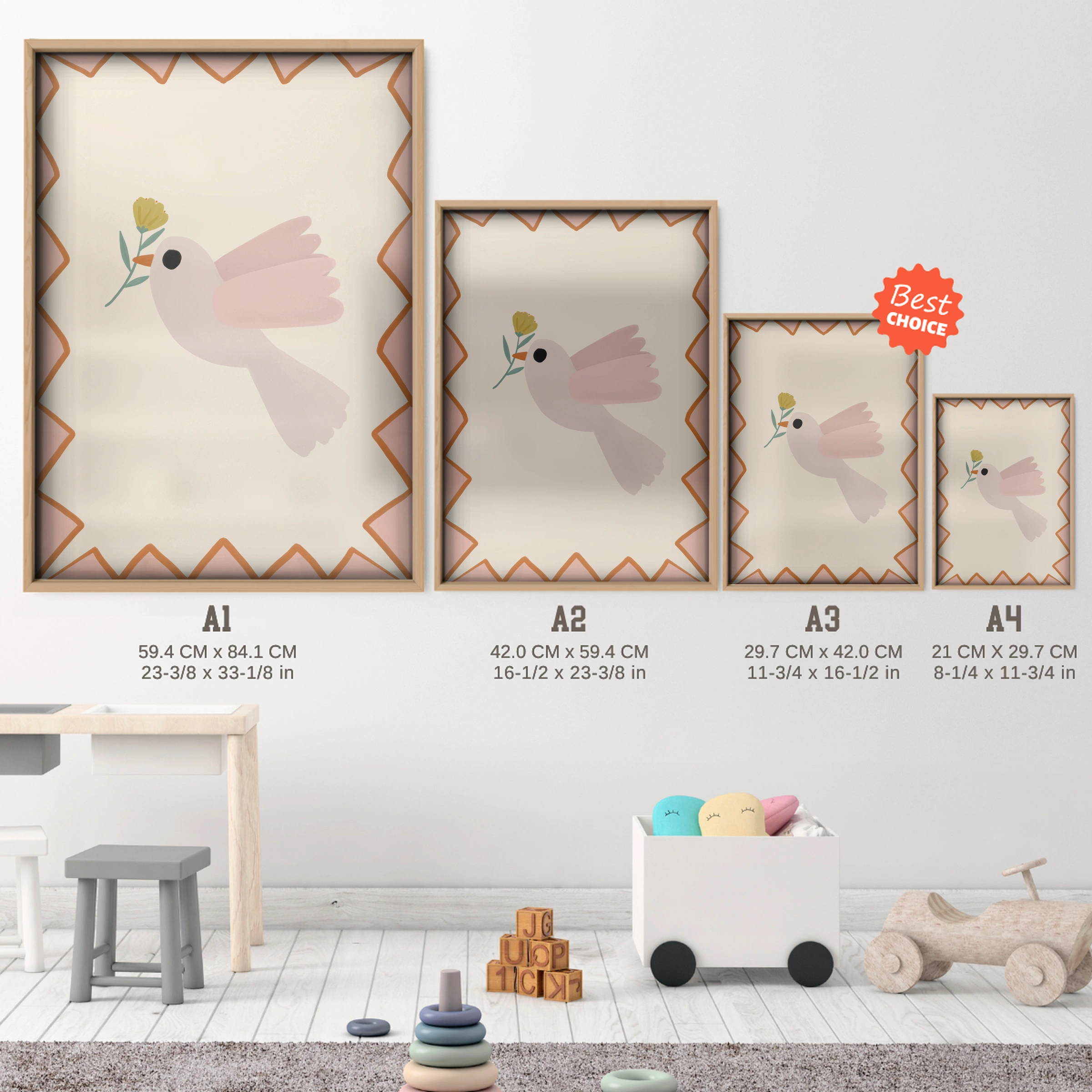 Dove with a Branch Nursery Print - size guide A4 A3 A2 A1 nursery print