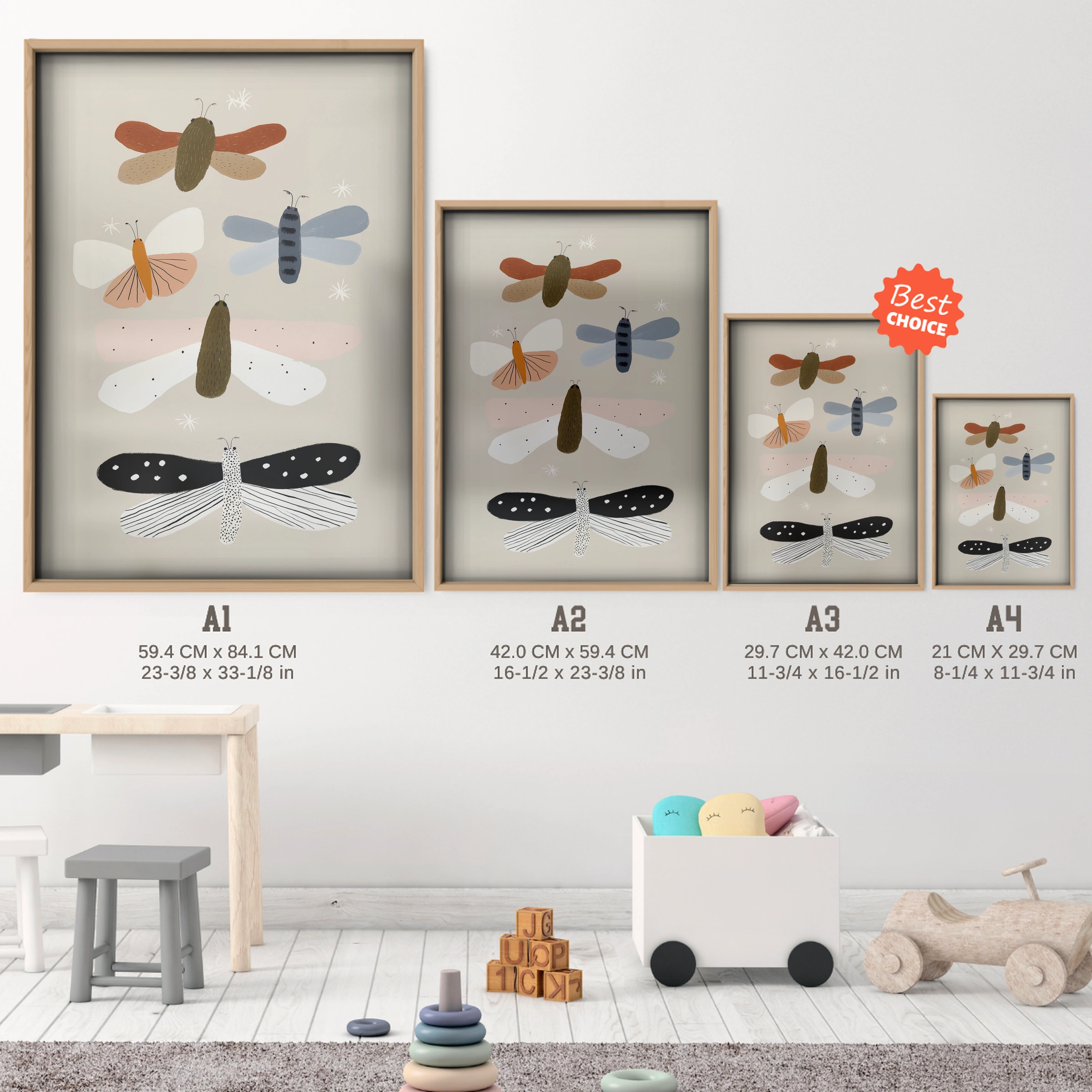 Dragonflies Nursery Print - size guide A4 A3 A2 A1 nursery print