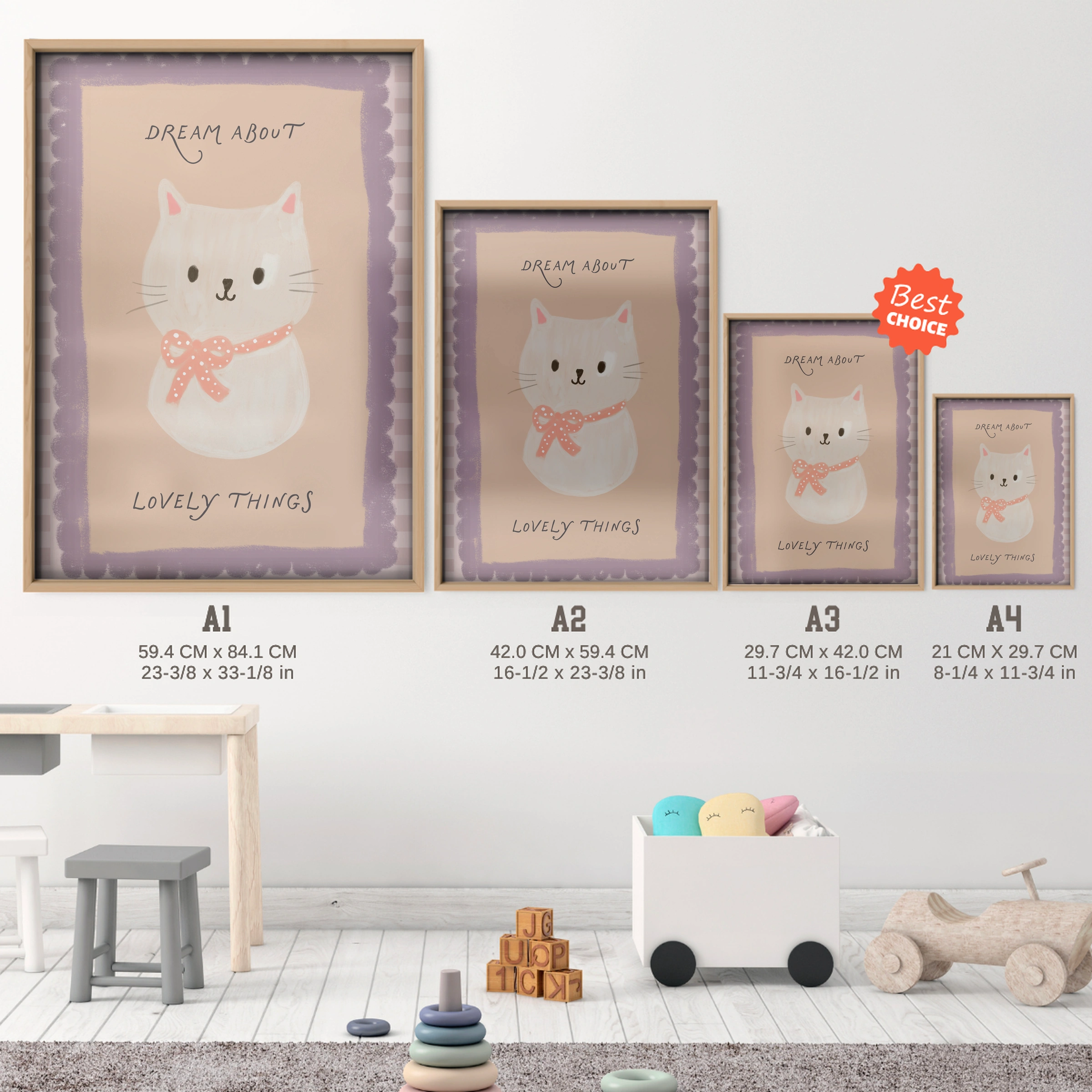 Dream About Lovely Things Bunny Nursery Print - size guide A4 A3 A2 A1 nursery print
