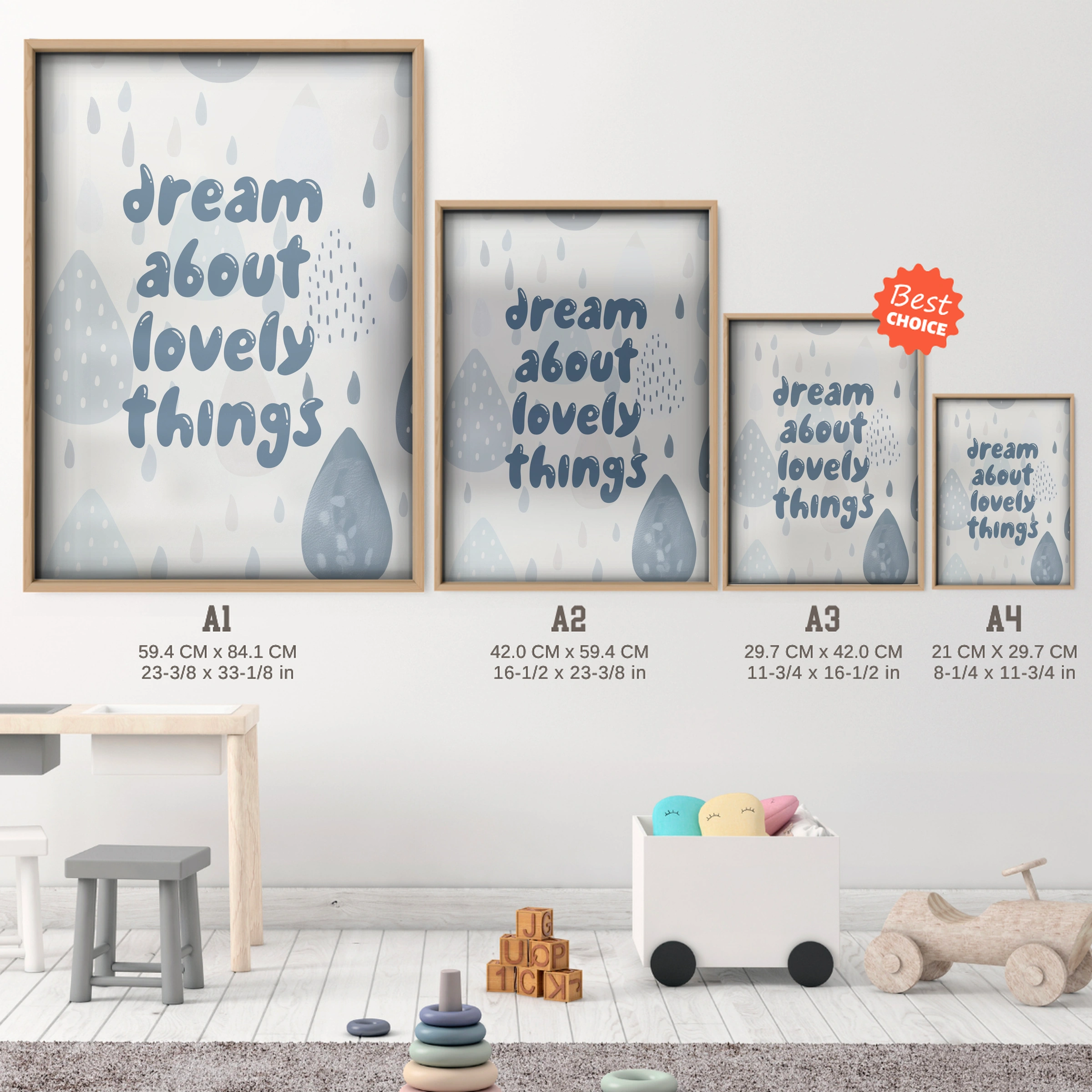 Dream About Lovely Things Nursery Print - size guide A4 A3 A2 A1 nursery print