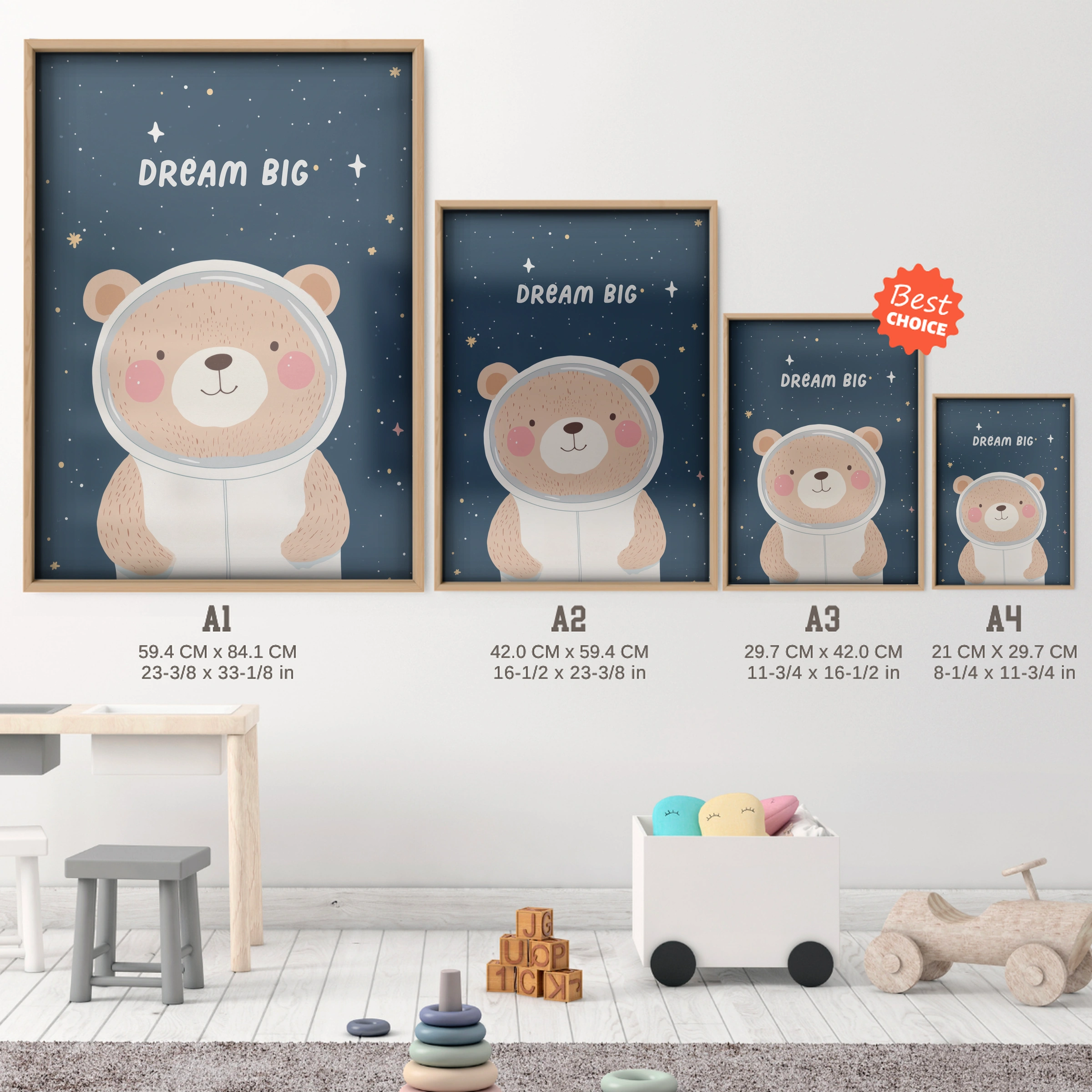 Dream Big Bear Nursery Print - size guide A4 A3 A2 A1 nursery print