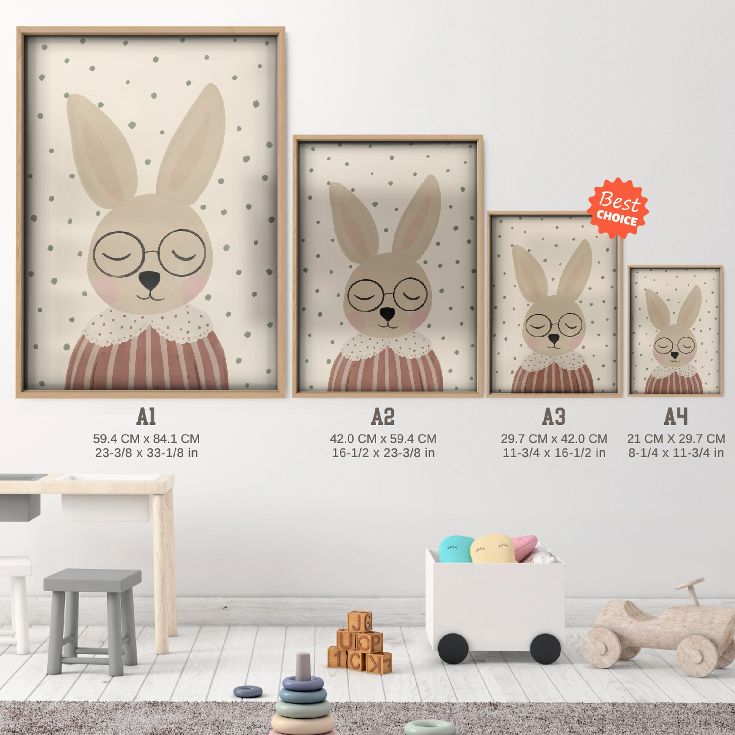 Dreaming Bunny Nursery Print - size guide A4 A3 A2 A1 nursery print