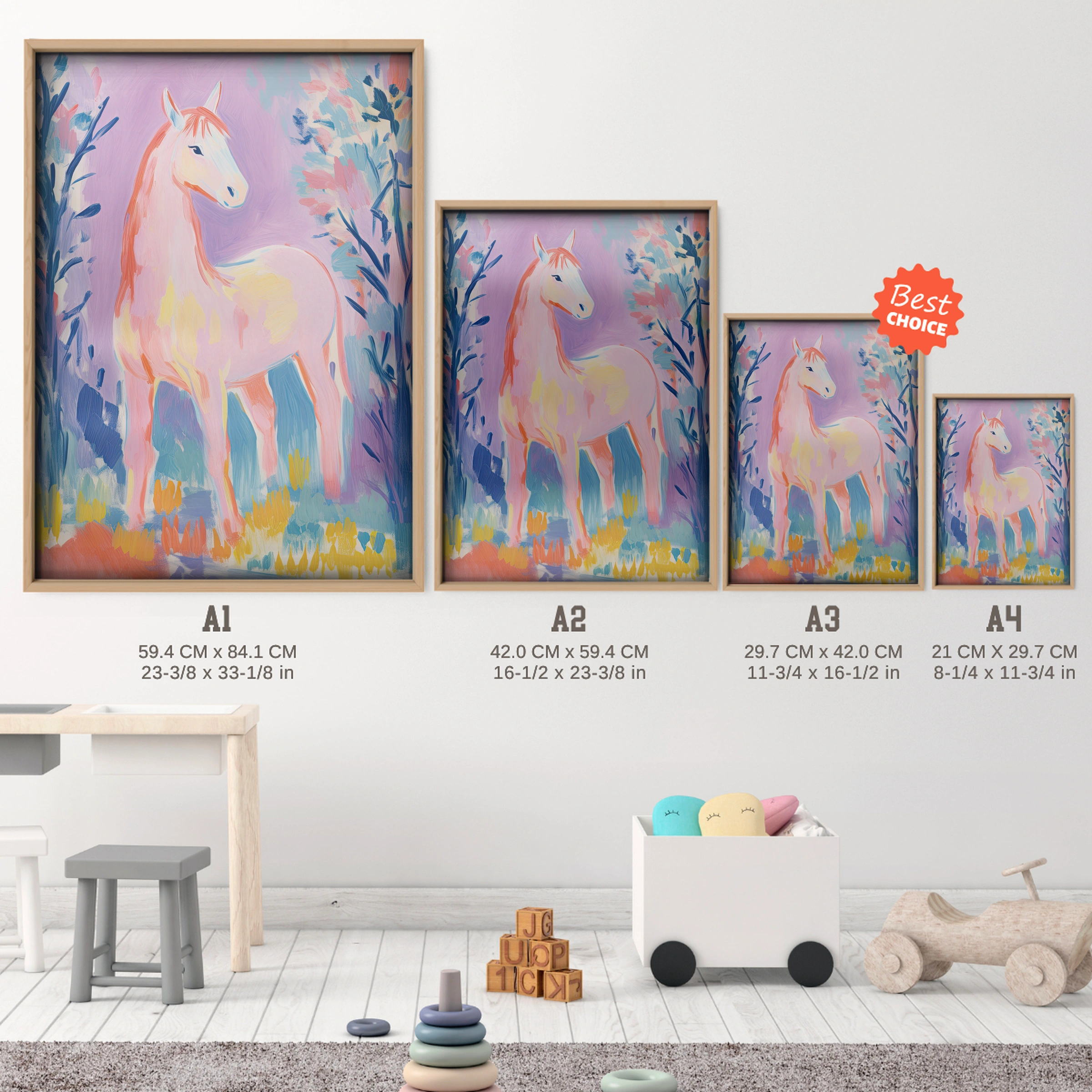 Dreamy Pink Horse Nursery Print - size guide A4 A3 A2 A1 nursery print