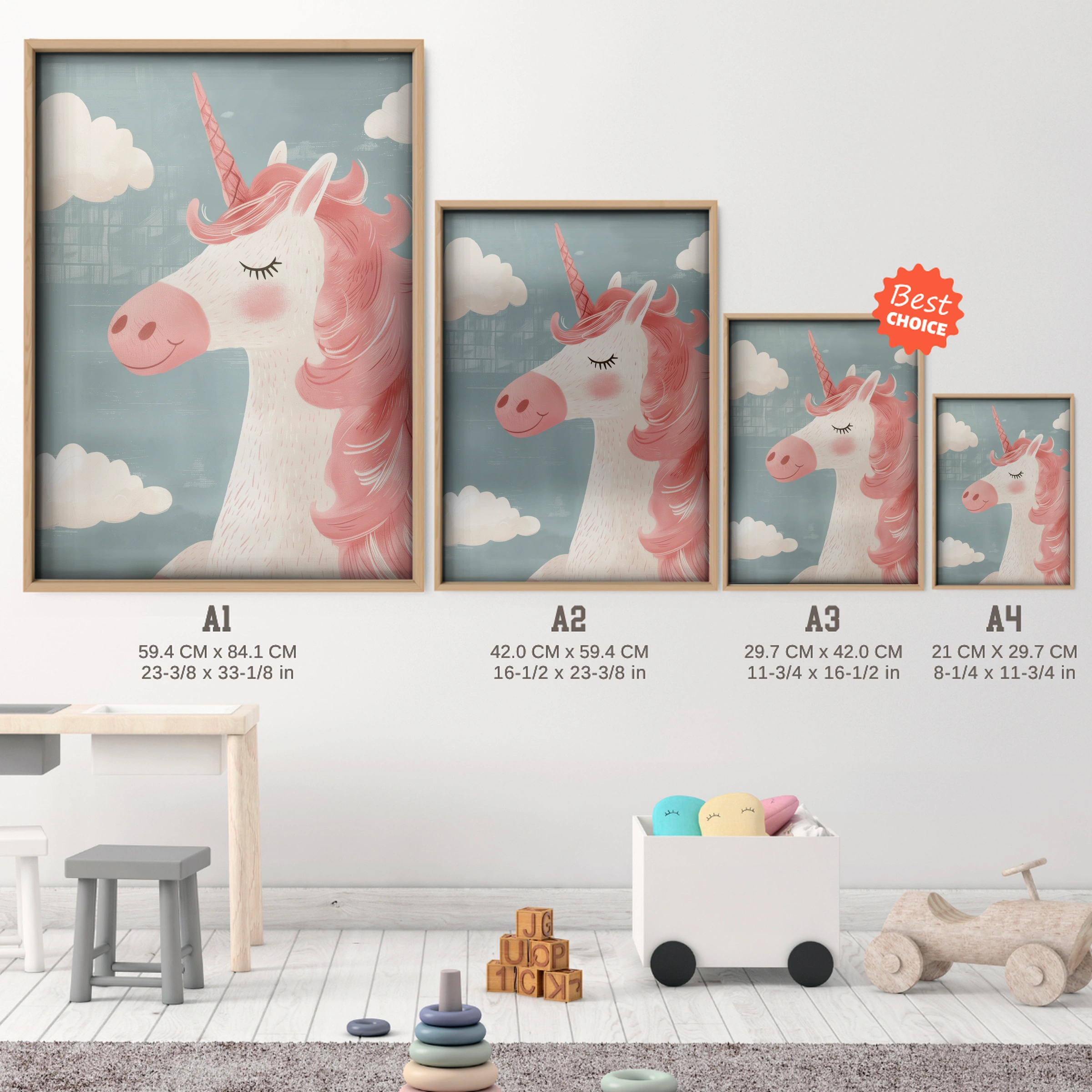 Dreamy Unicorn Nursery Print - size guide A4 A3 A2 A1 nursery print
