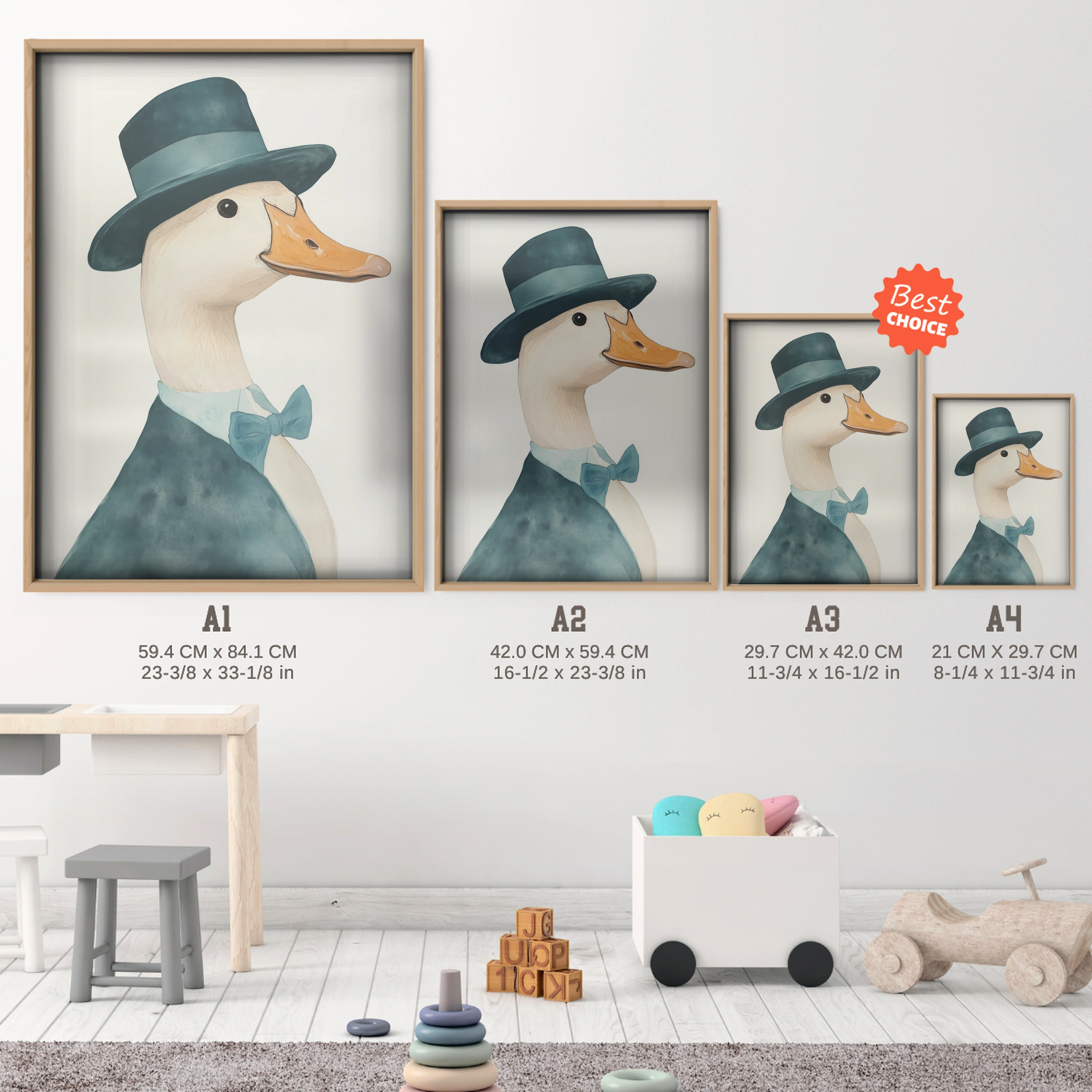 Duck in a Hat and Coat Nursery Print - size guide A4 A3 A2 A1 nursery print