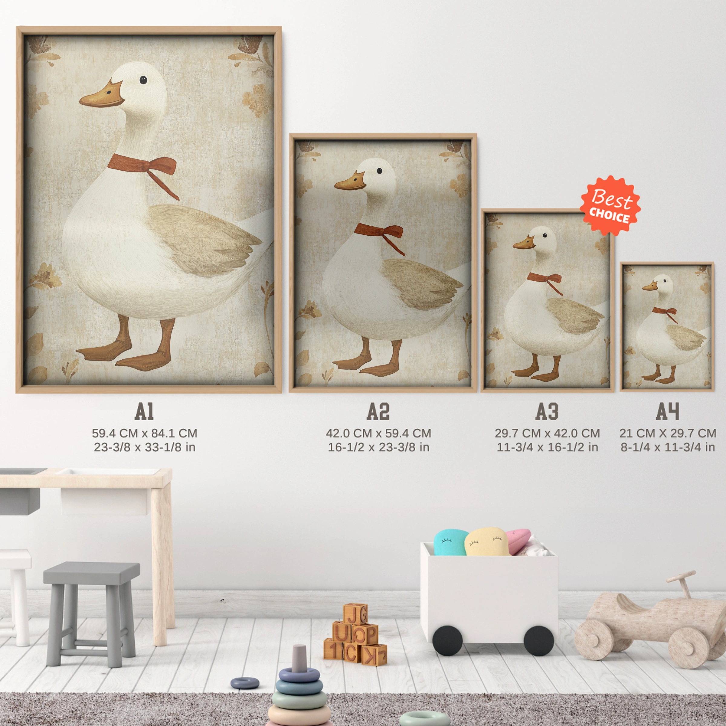 Duck with a Bow Nursery Print - size guide A4 A3 A2 A1 nursery print