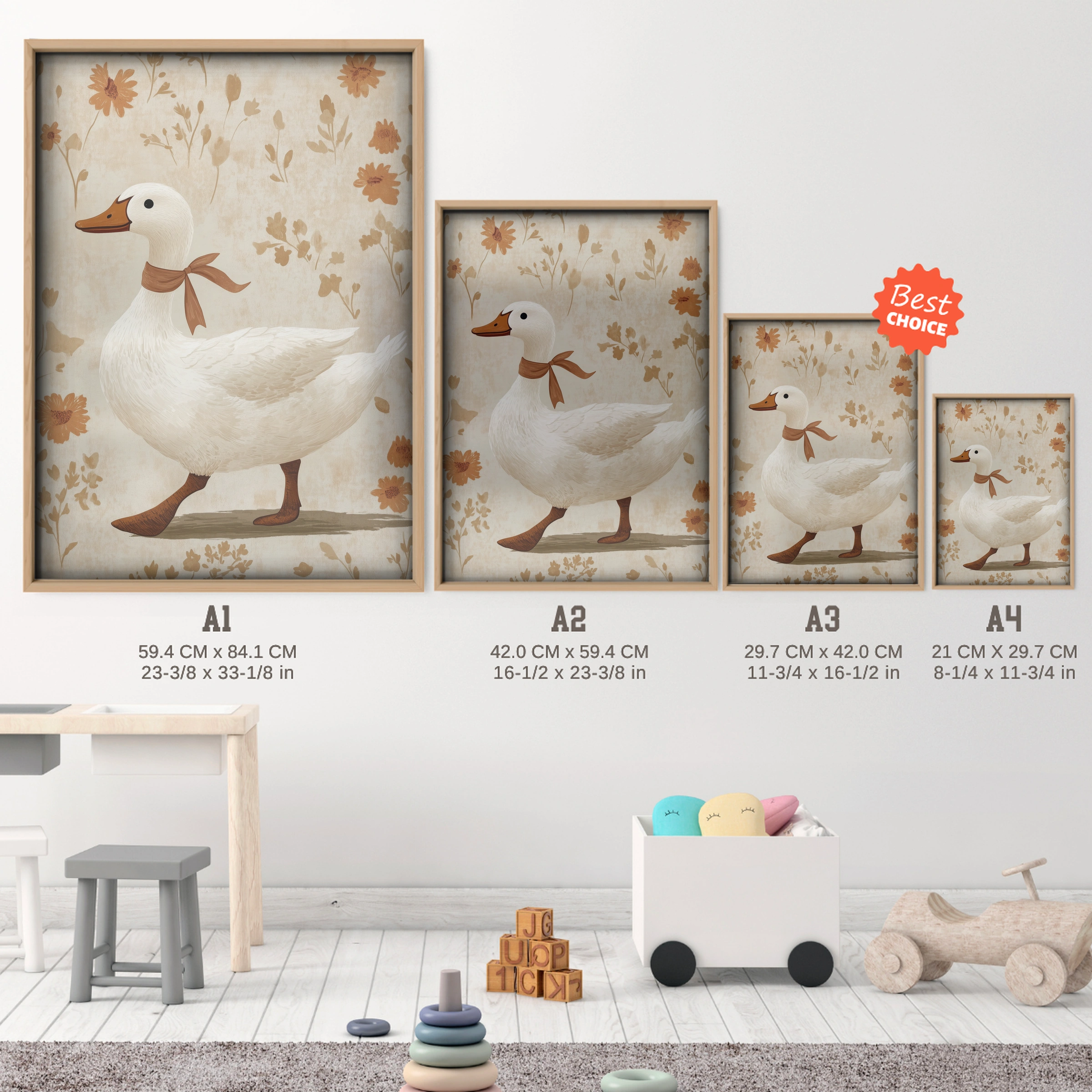 Duck with a Scarf Nursery Print - size guide A4 A3 A2 A1 nursery print
