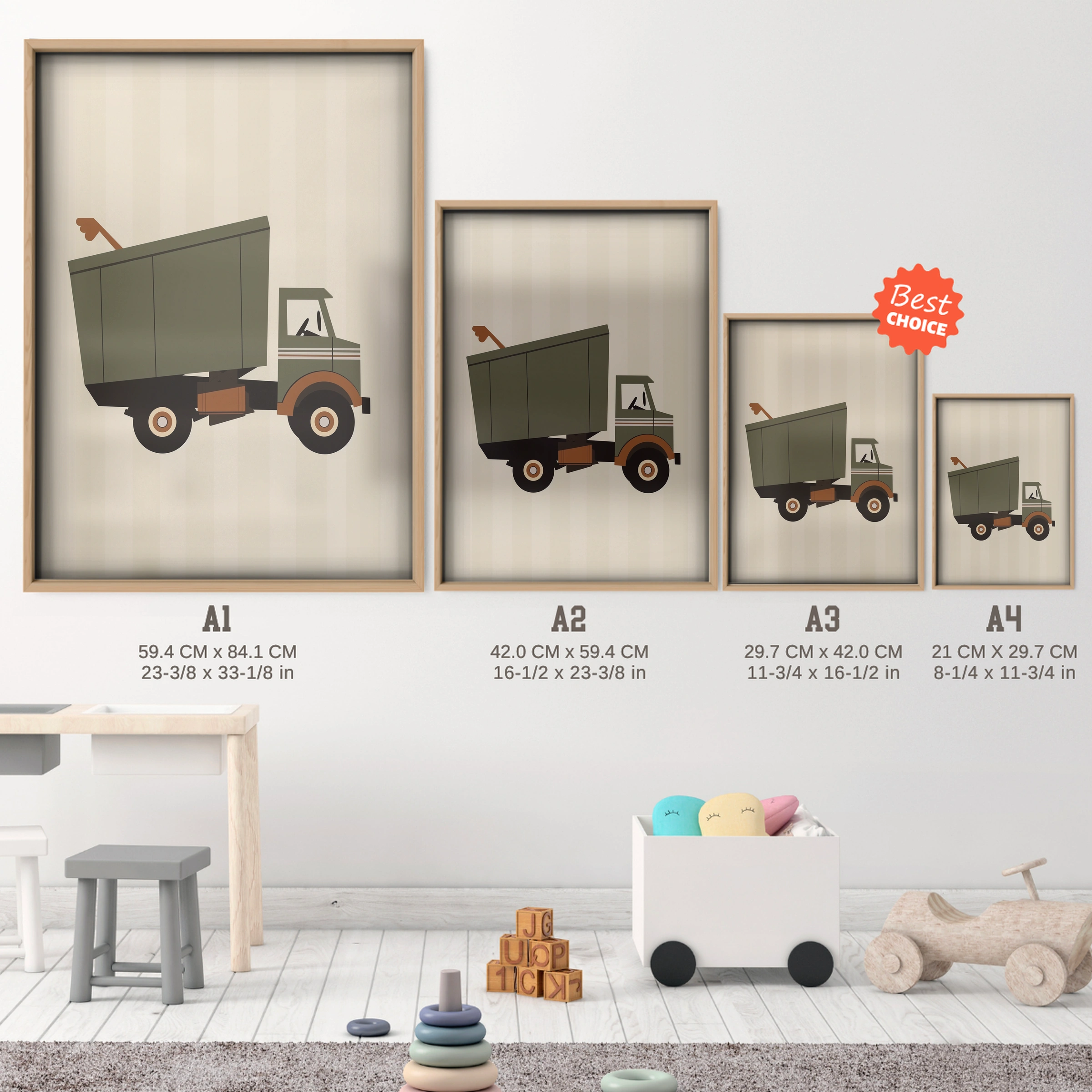 Dump Truck Nursery Print - size guide A4 A3 A2 A1 nursery print
