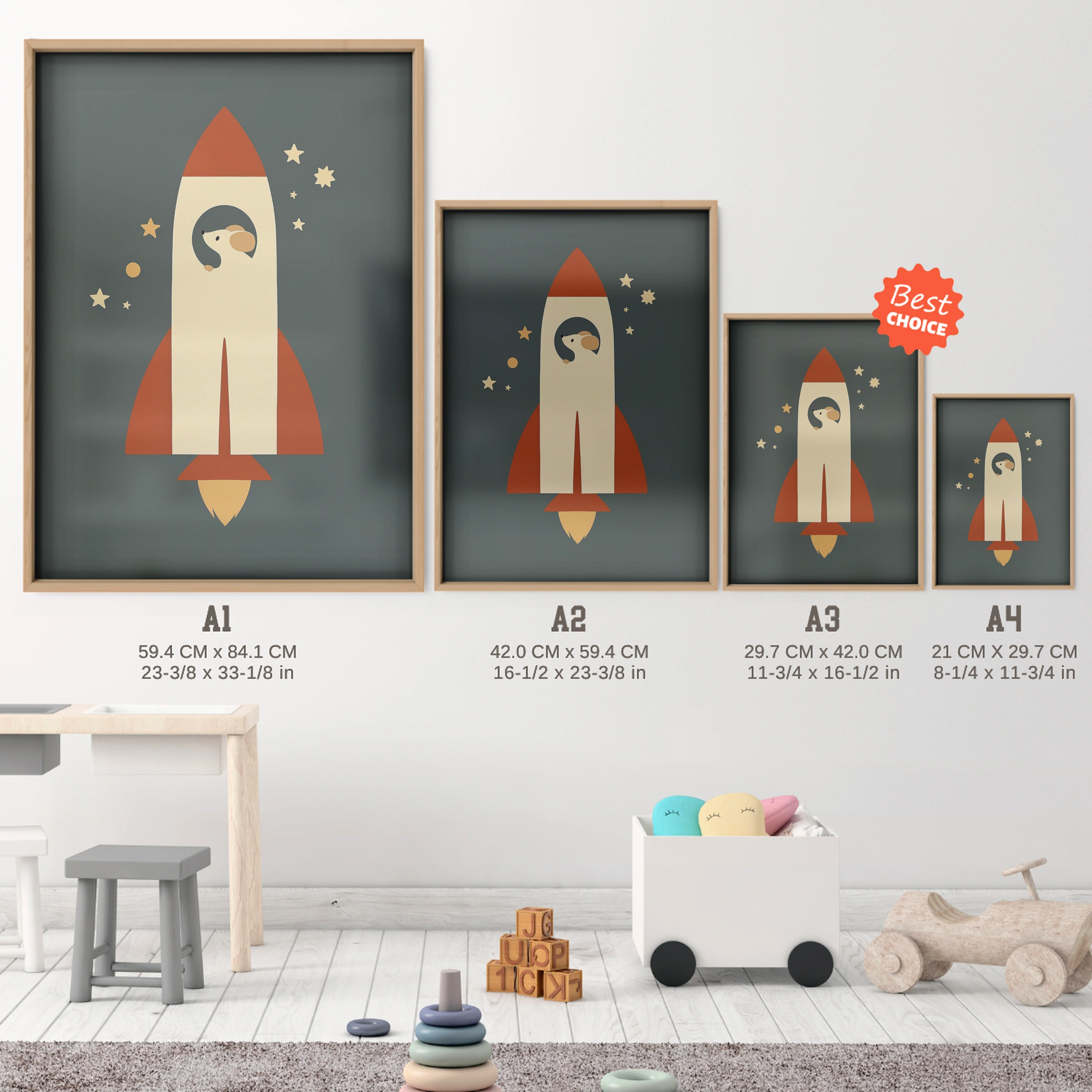 Eagle in a Rocket Nursery Print - size guide A4 A3 A2 A1 nursery print