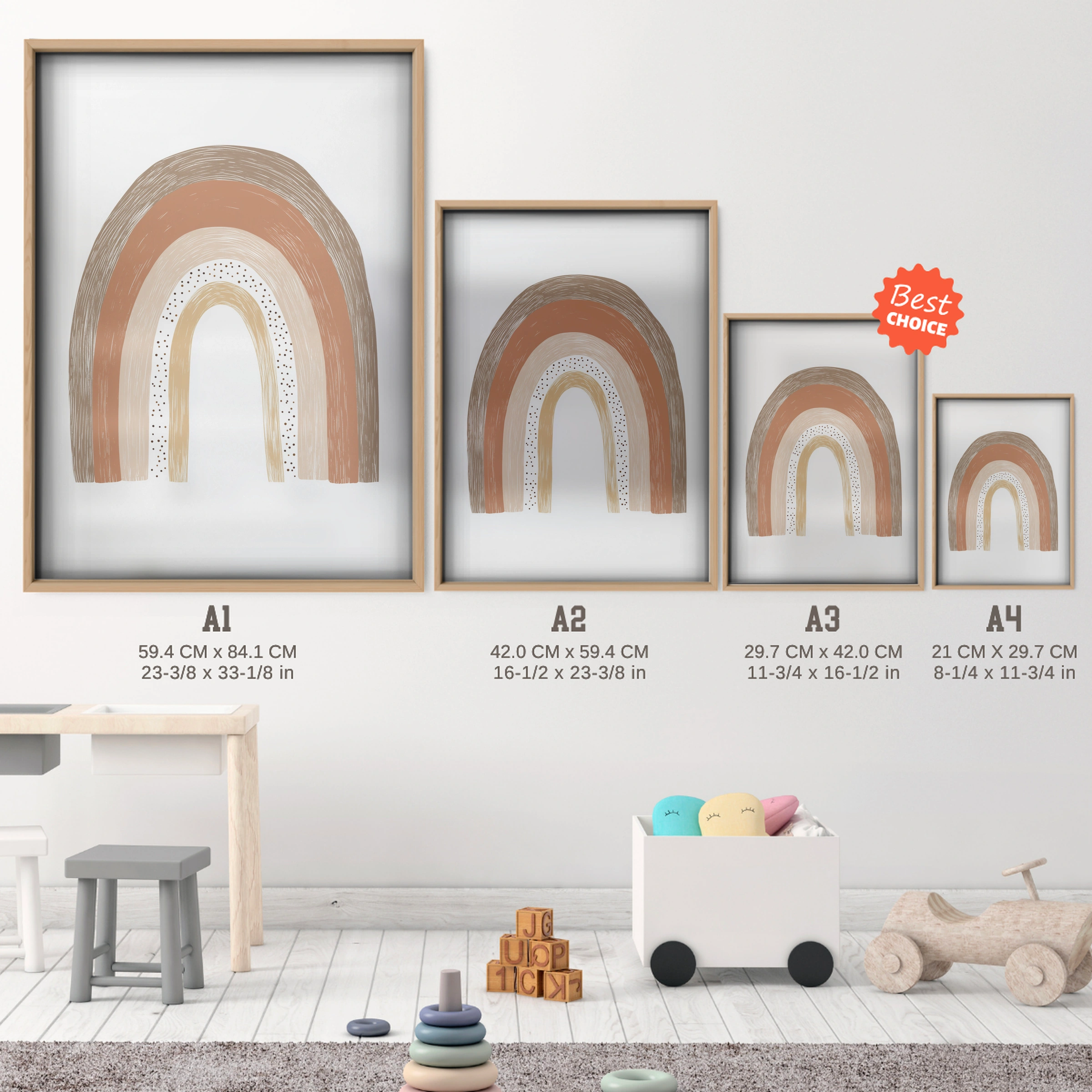 Earthy Rainbow Nursery Print - size guide A4 A3 A2 A1 nursery print