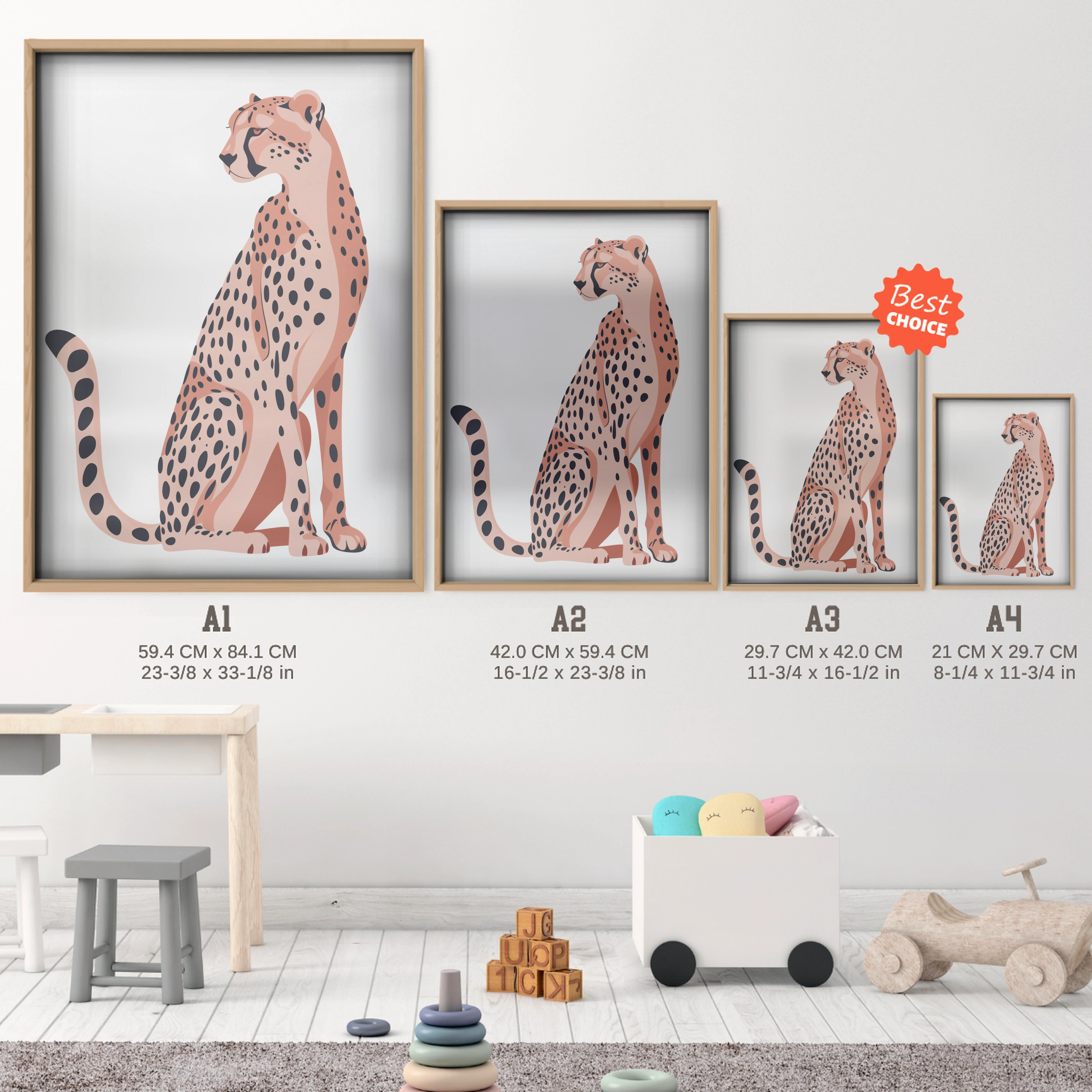 Elegant Cheetah Nursery Print - size guide A4 A3 A2 A1 nursery print