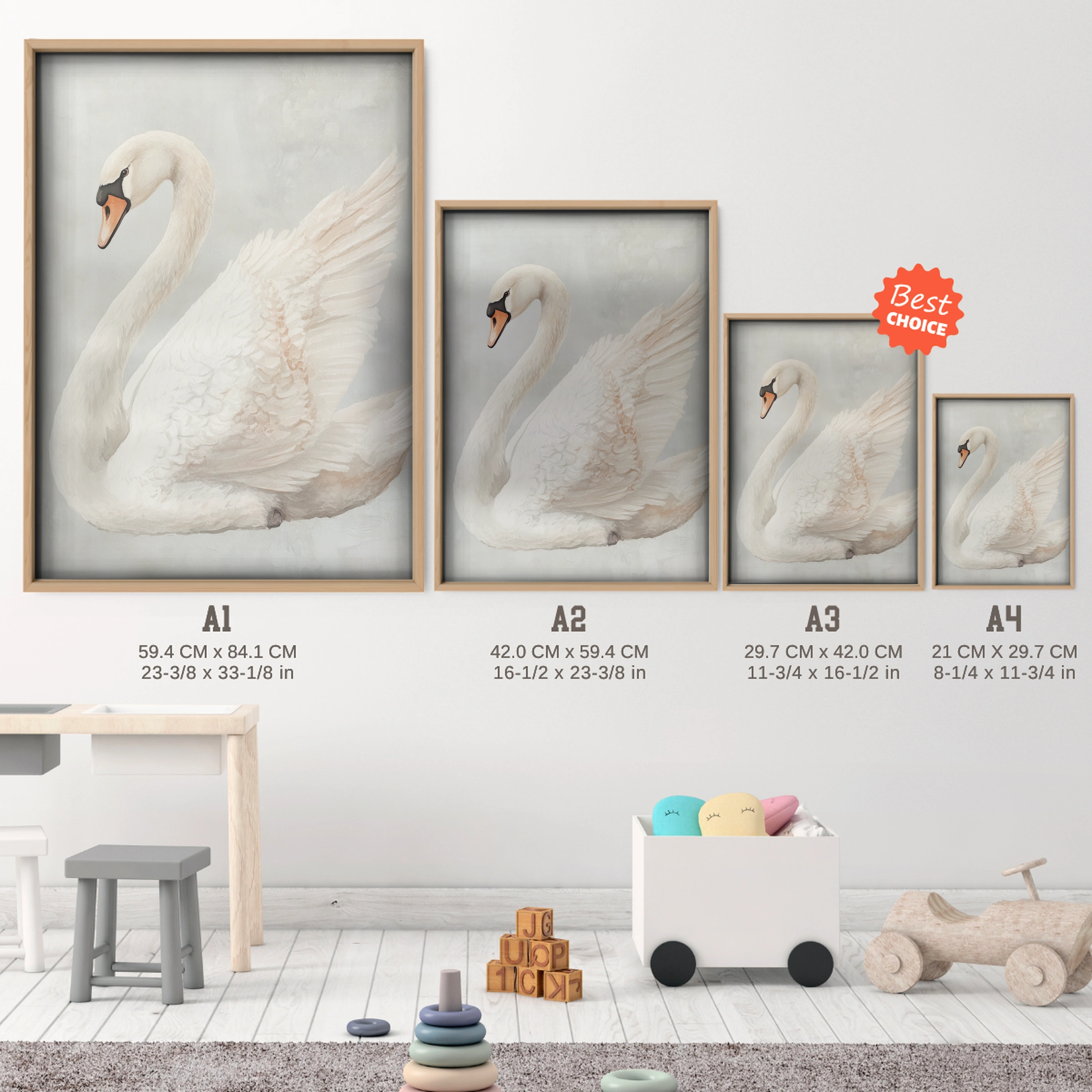 Elegant Swan Nursery Print - size guide A4 A3 A2 A1 nursery print