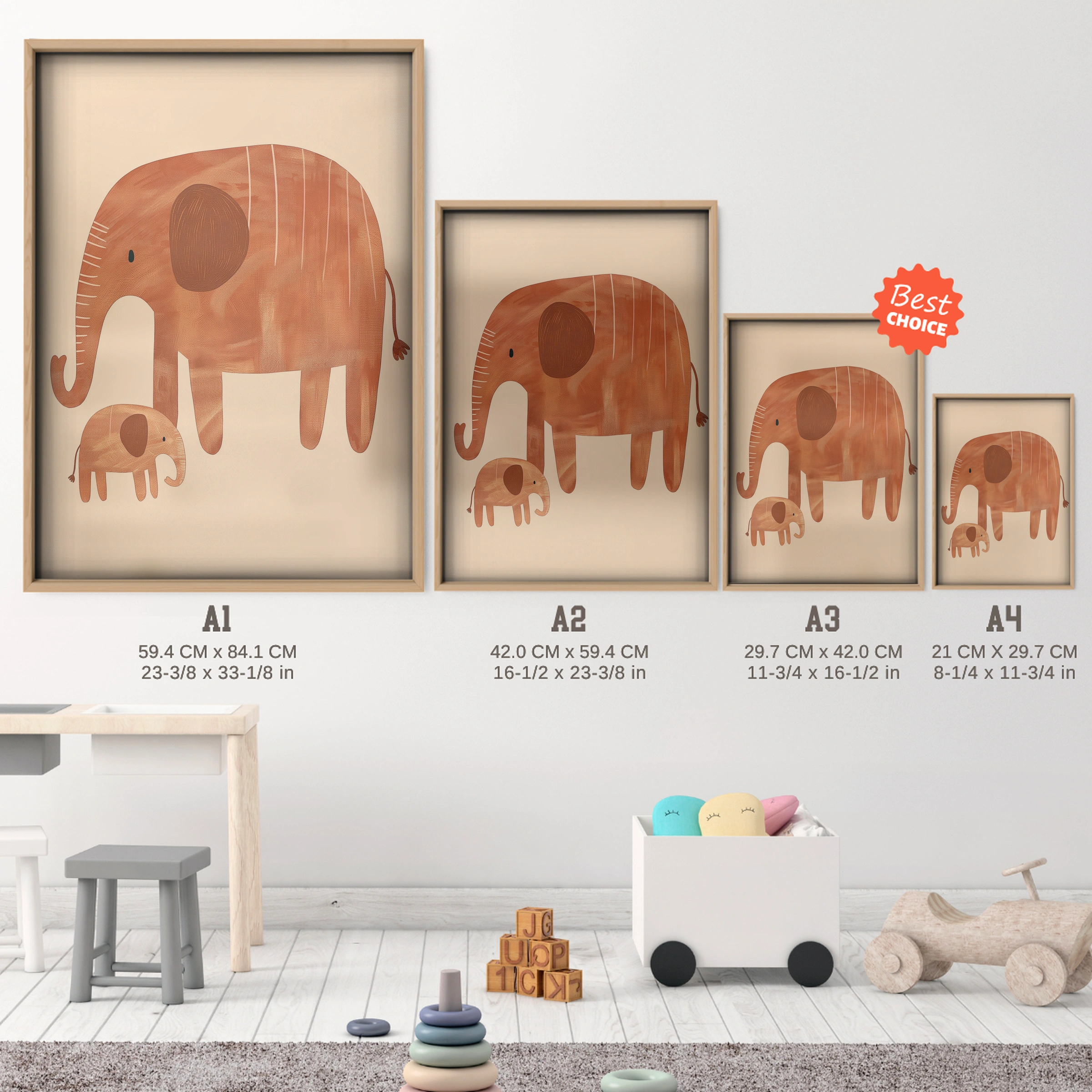 Elephant and Baby Nursery Print - size guide A4 A3 A2 A1 nursery print