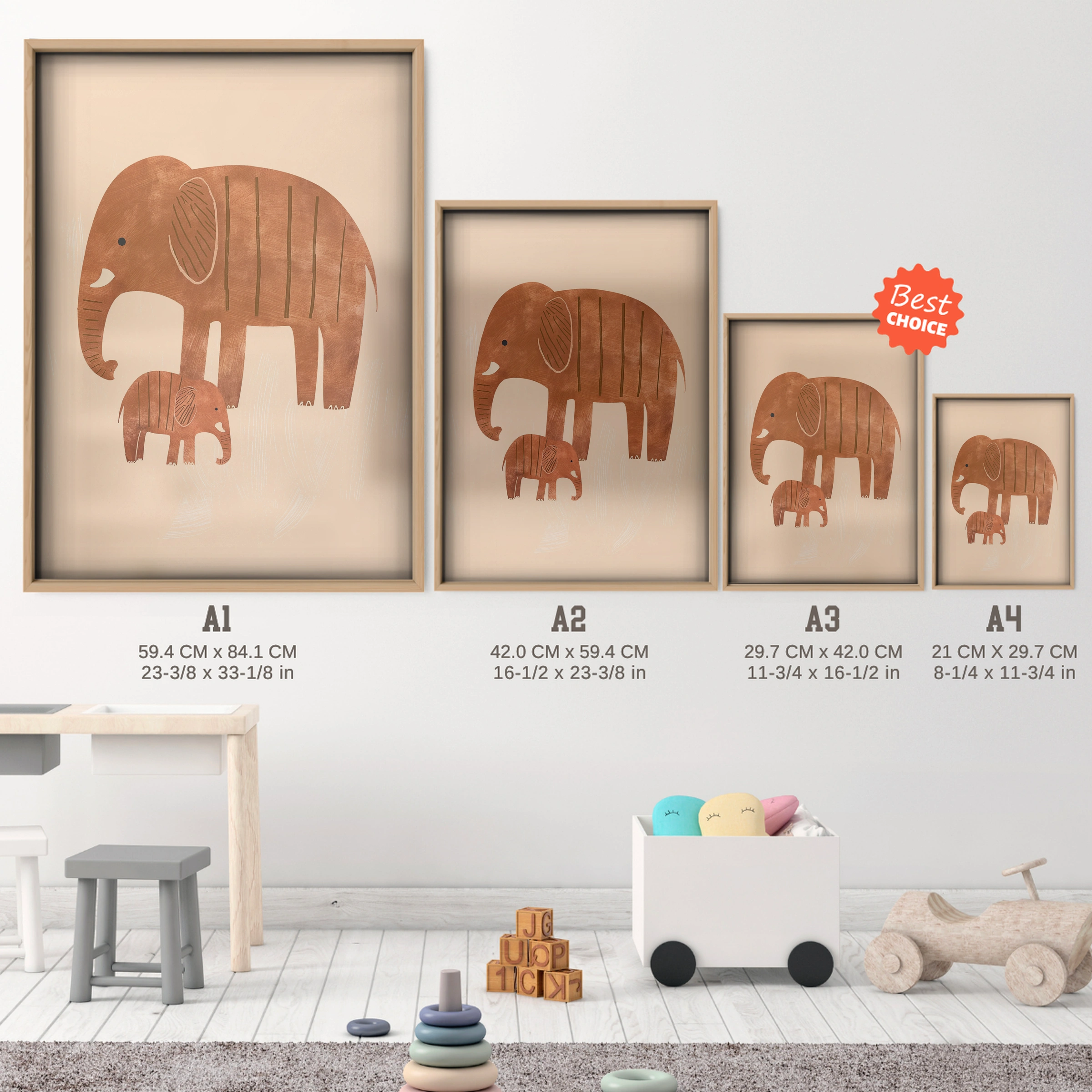 Elephant and Calf Nursery Print - size guide A4 A3 A2 A1 nursery print