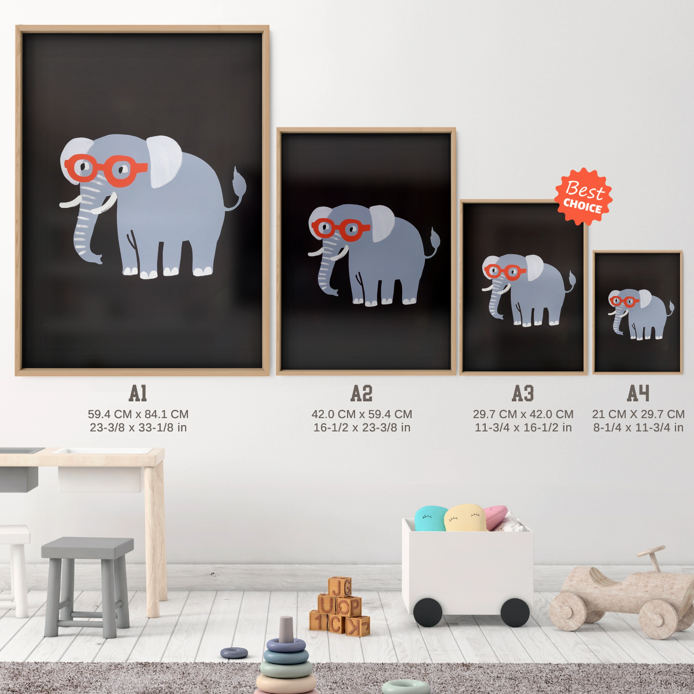 Elephant in Glasses Nursery Print - size guide A4 A3 A2 A1 nursery print