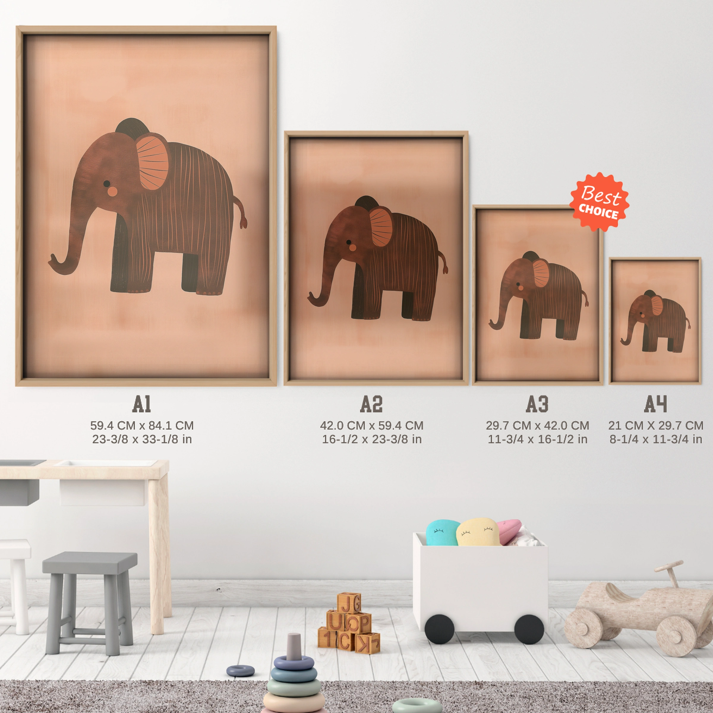 Elephant Nursery Print - size guide A4 A3 A2 A1 nursery print