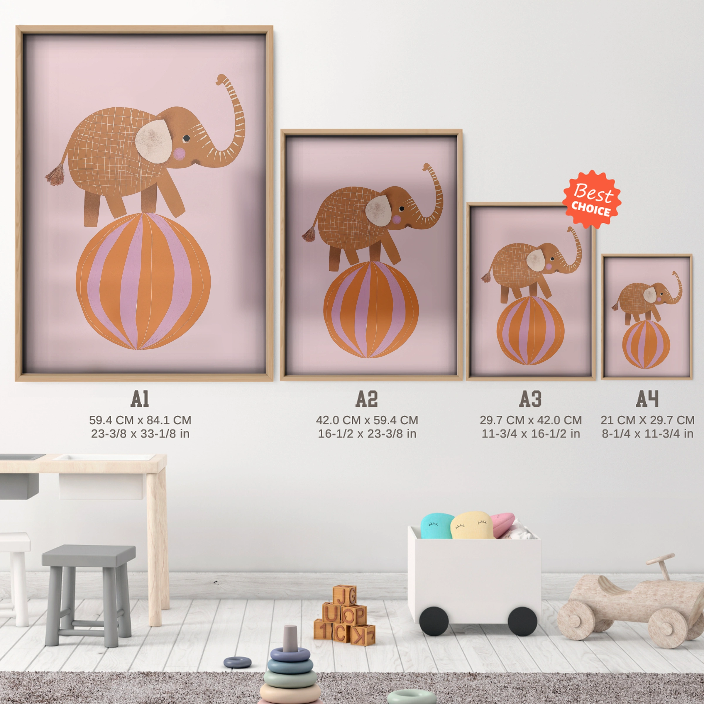 Elephant on a Ball Nursery Print - size guide A4 A3 A2 A1 nursery print