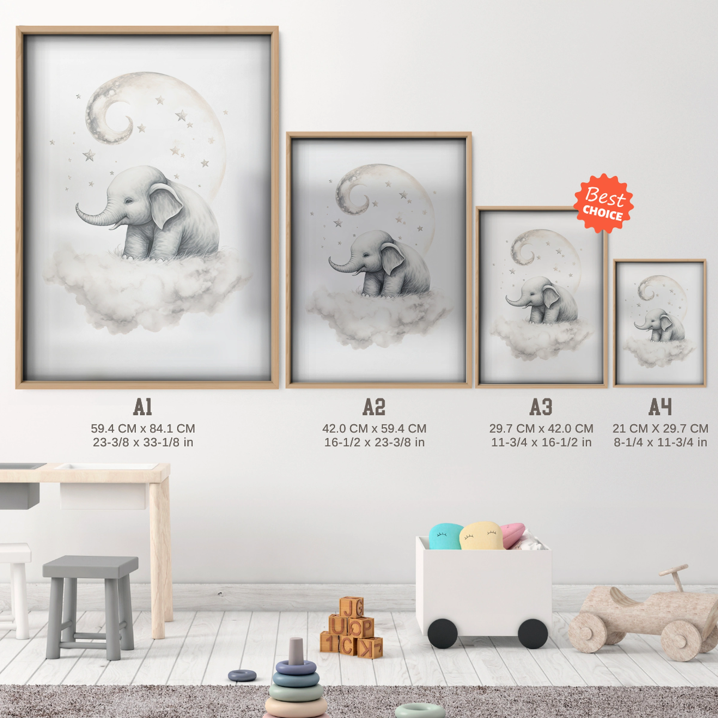 Elephant on a Cloud Nursery Print - size guide A4 A3 A2 A1 nursery print