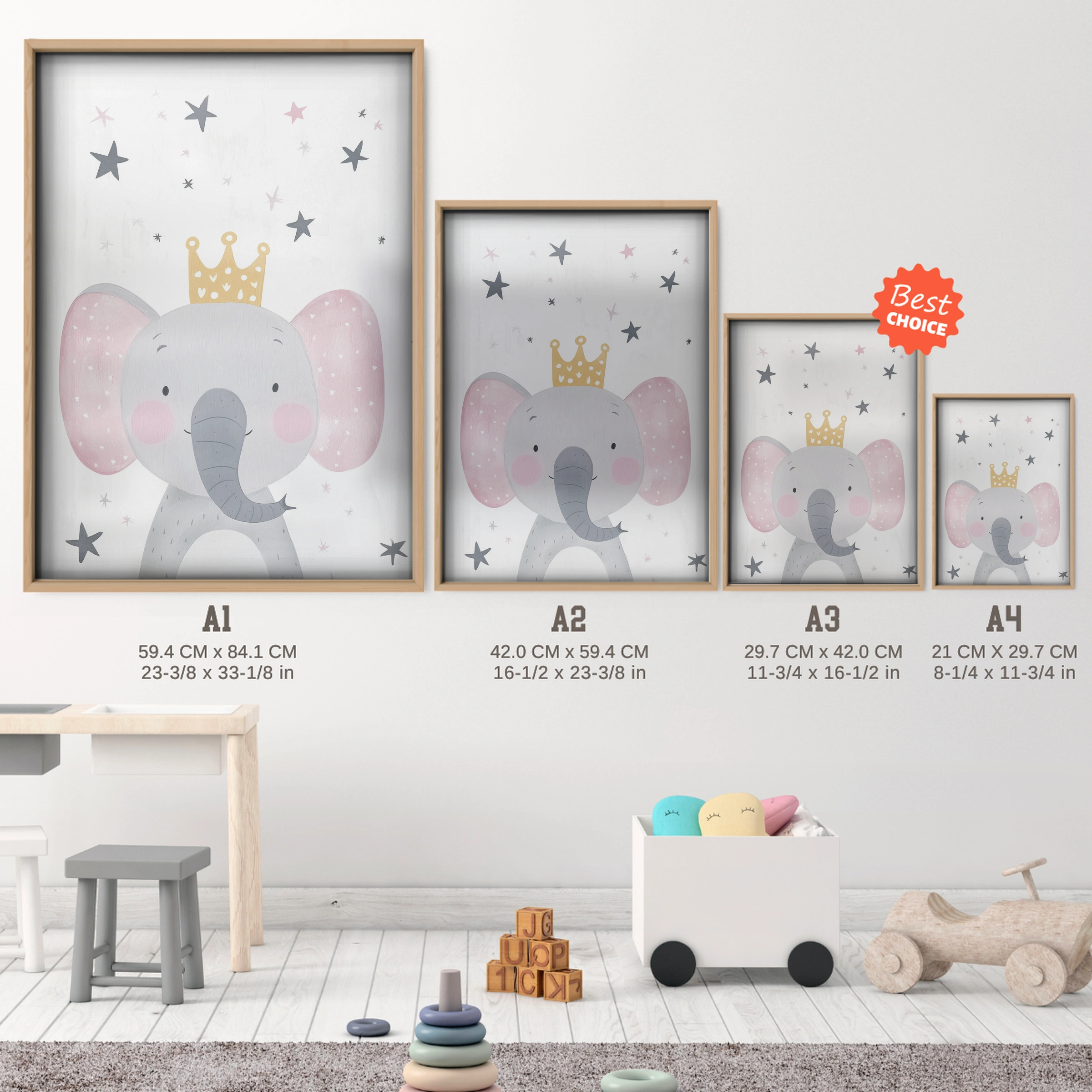 Elephant Princess Nursery Print - size guide A4 A3 A2 A1 nursery print