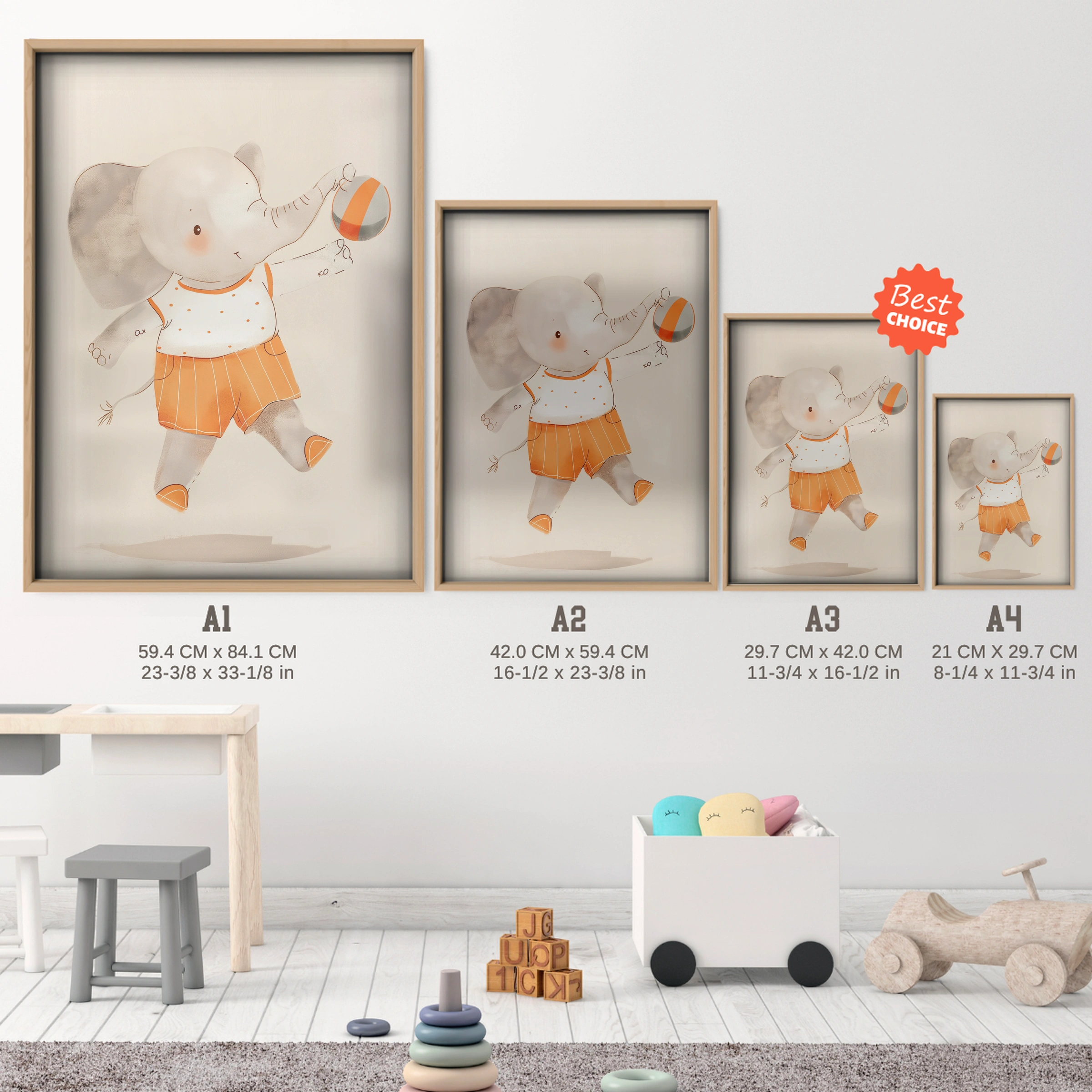 Elephant with a Ball Nursery Print - size guide A4 A3 A2 A1 nursery print