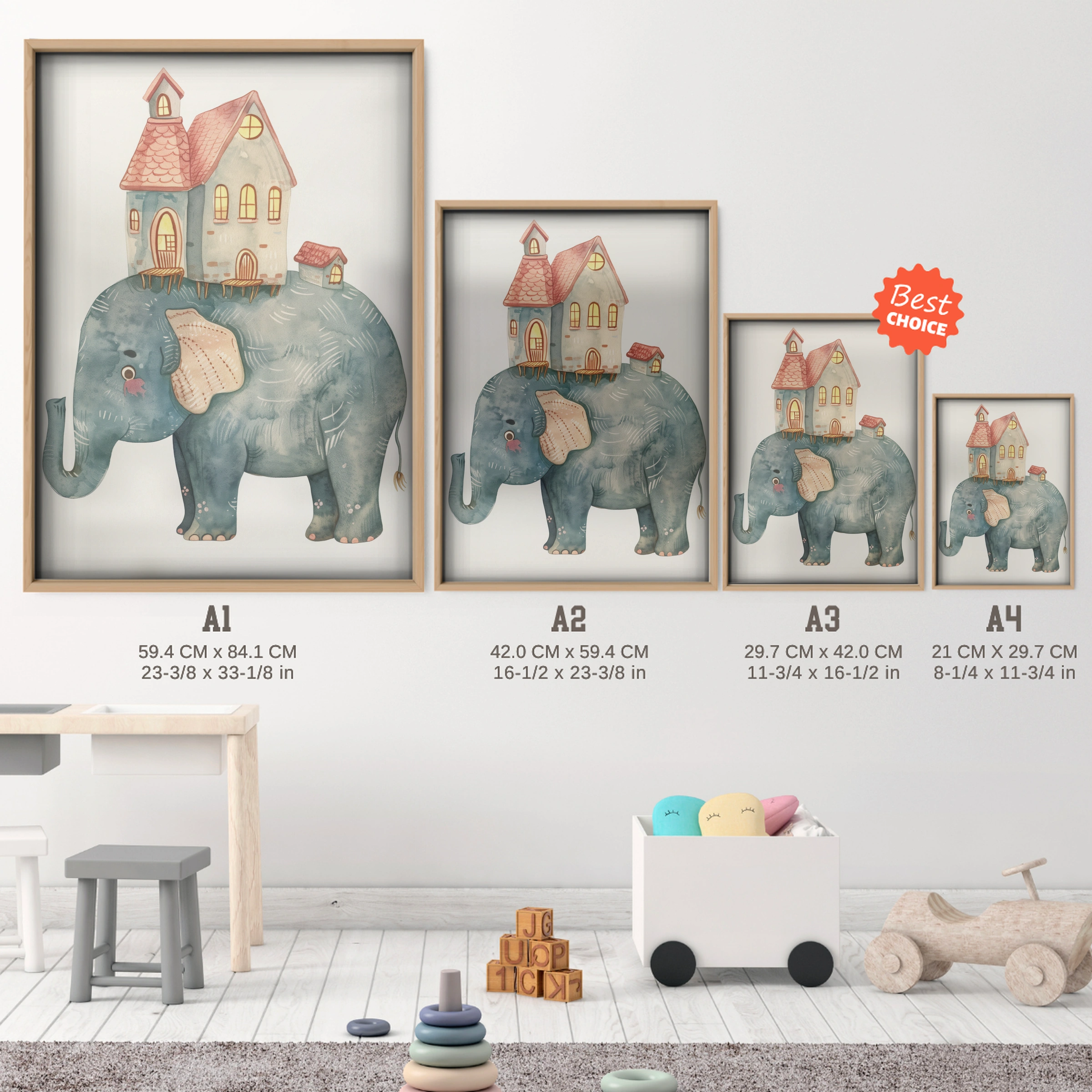Elephant with a House Nursery Print - size guide A4 A3 A2 A1 nursery print