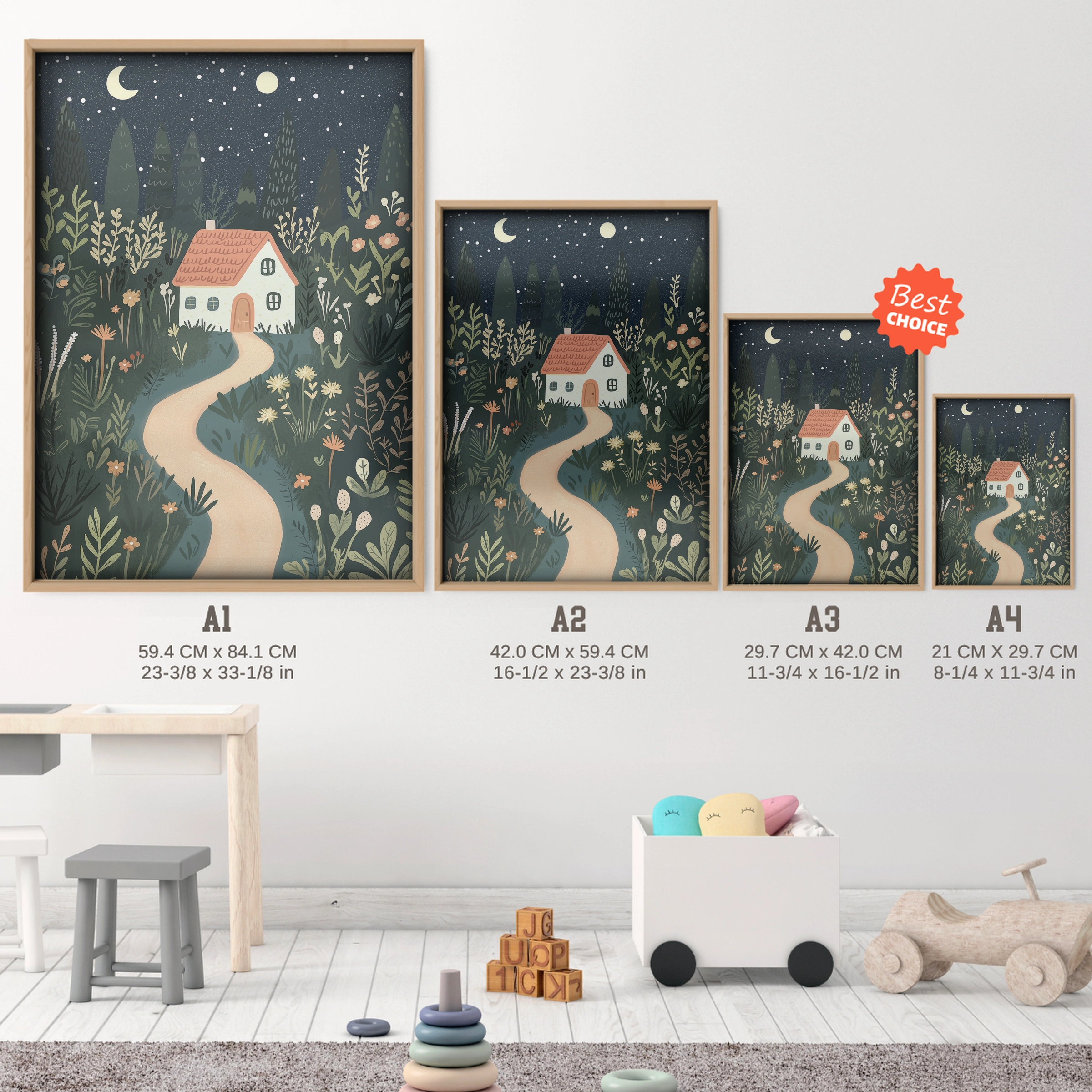 Enchanted Forest Village Nursery Print - size guide A4 A3 A2 A1 nursery print