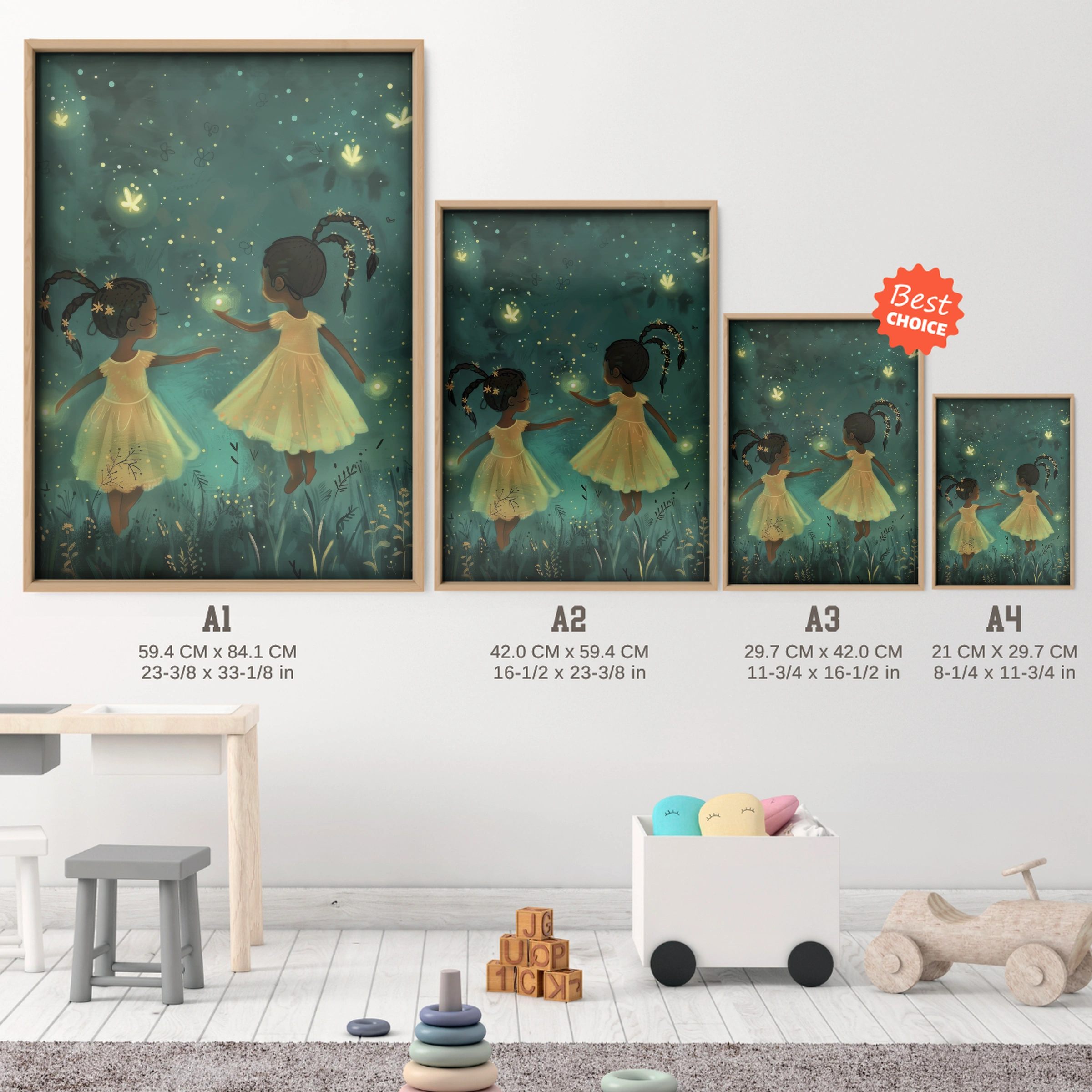 Fairies Dancing Nursery Print - size guide A4 A3 A2 A1 nursery print