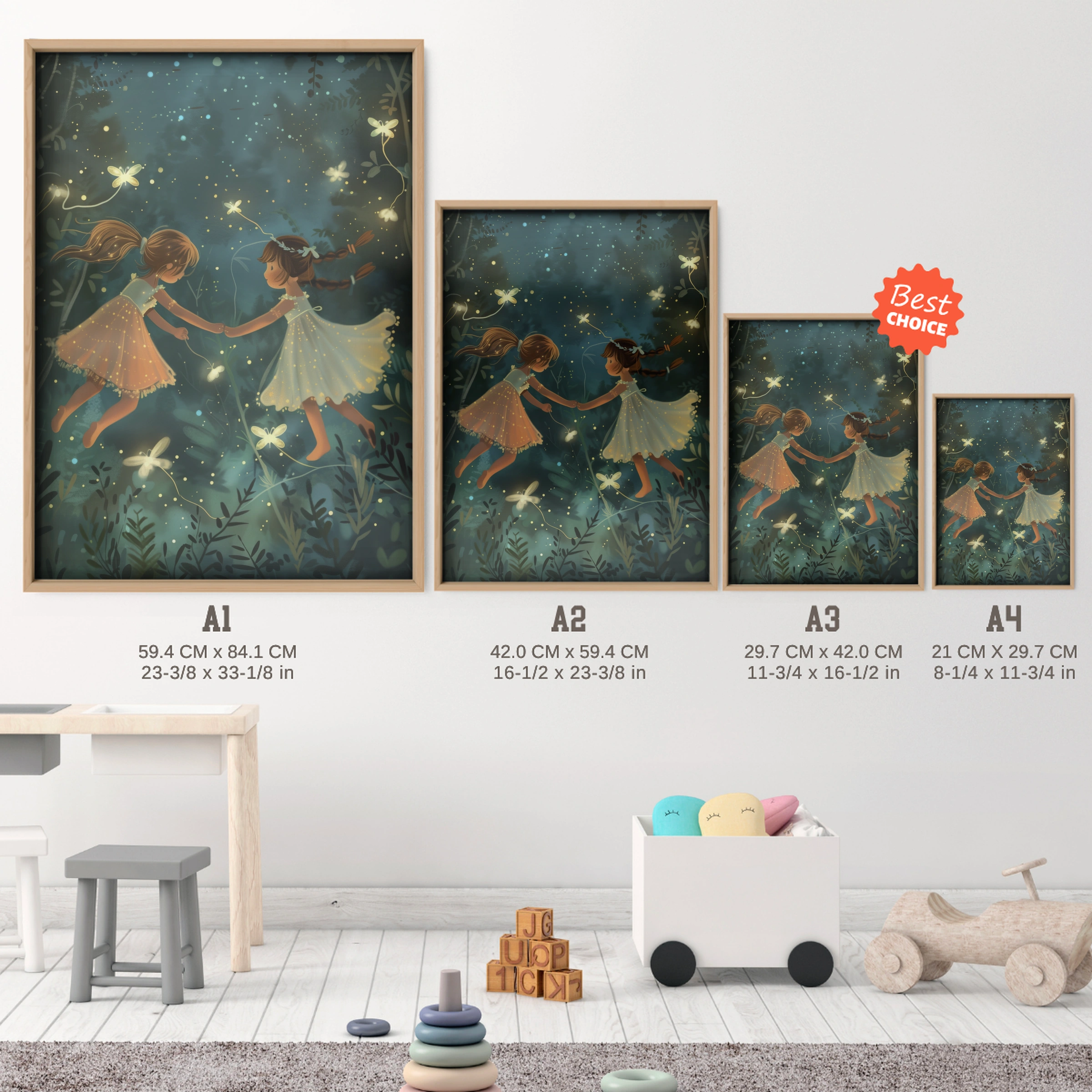 Fairies in the Forest Nursery Print - size guide A4 A3 A2 A1 nursery print