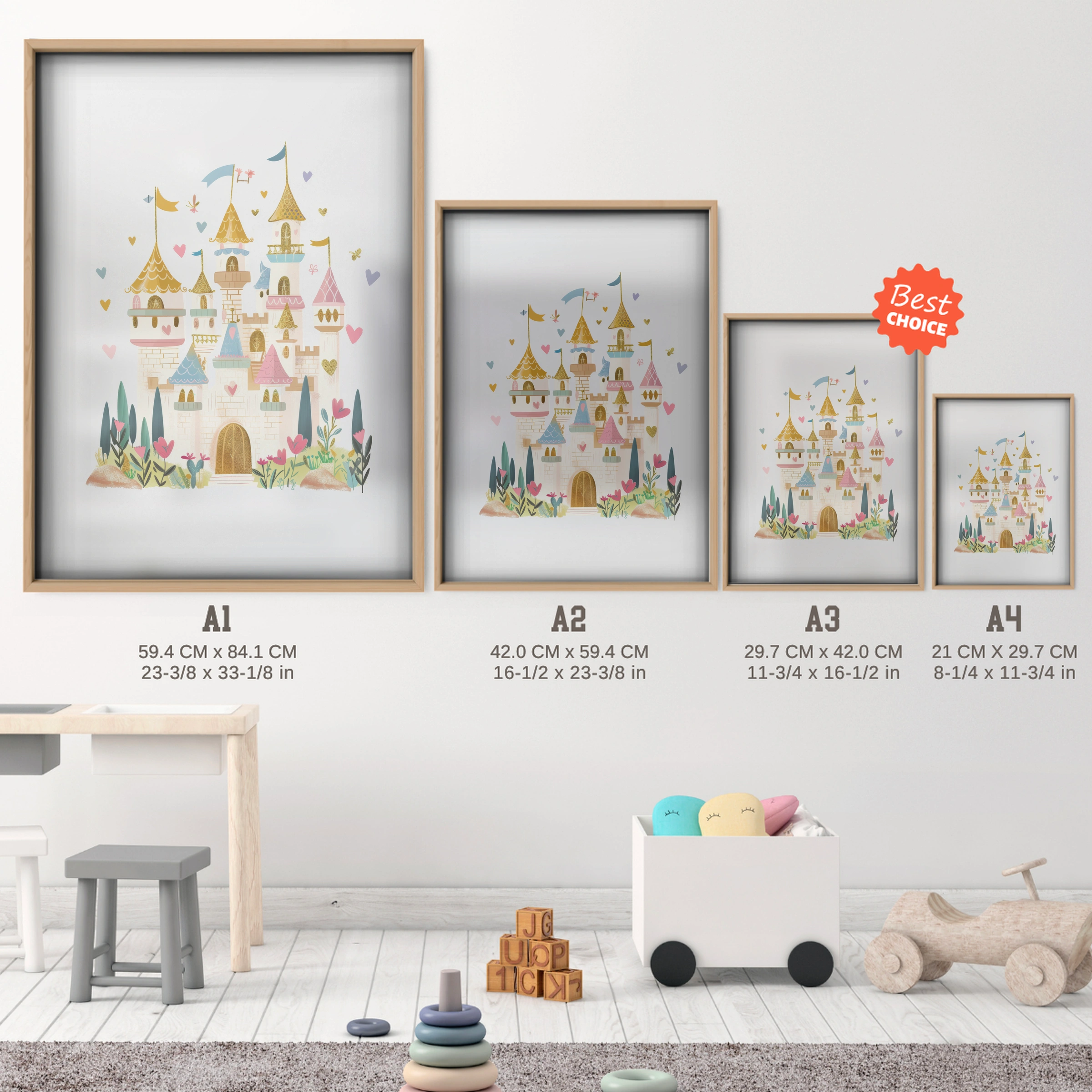 Fairytale Castle Nursery Print - size guide A4 A3 A2 A1 nursery print