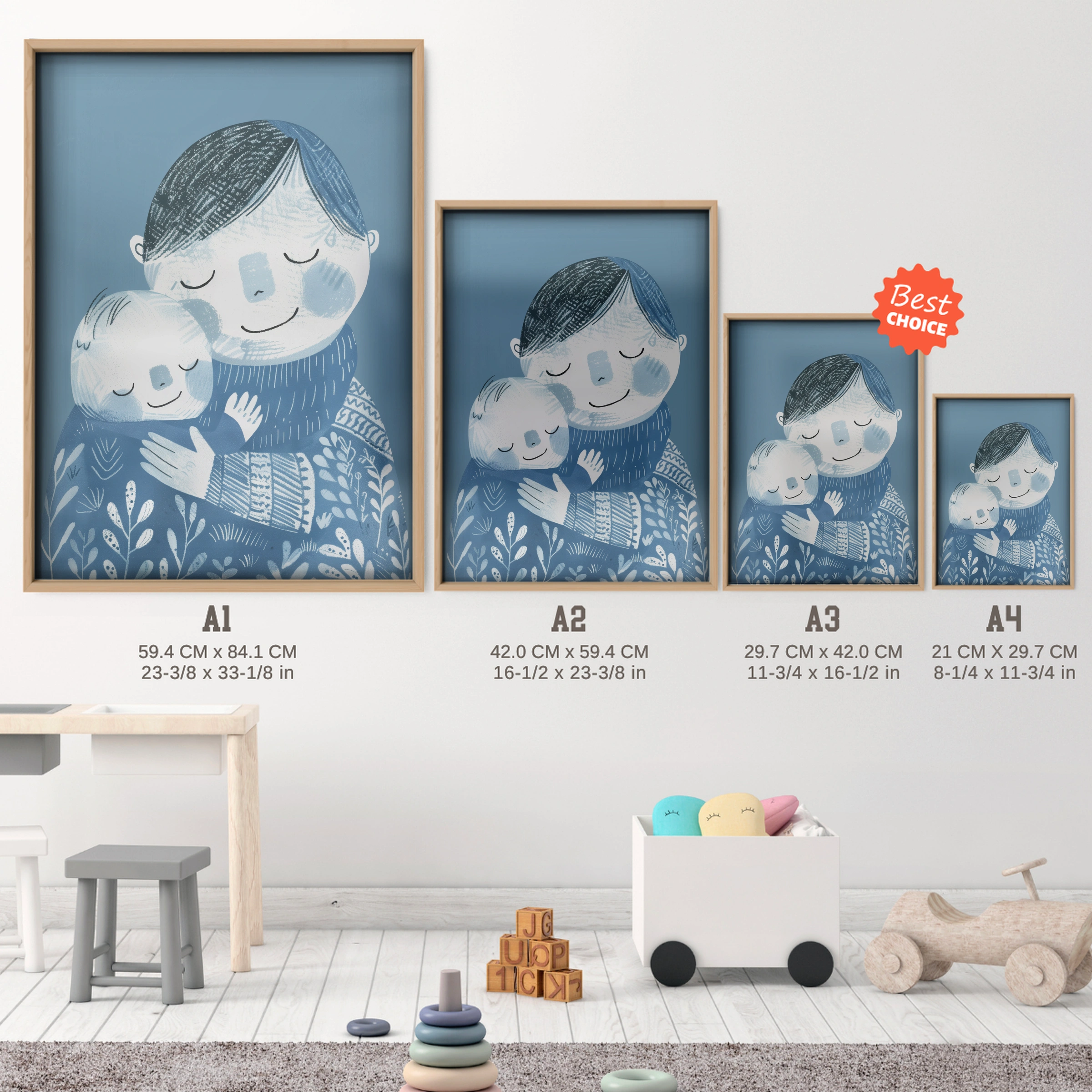 Father and Son Hug Nursery Print - size guide A4 A3 A2 A1 nursery print