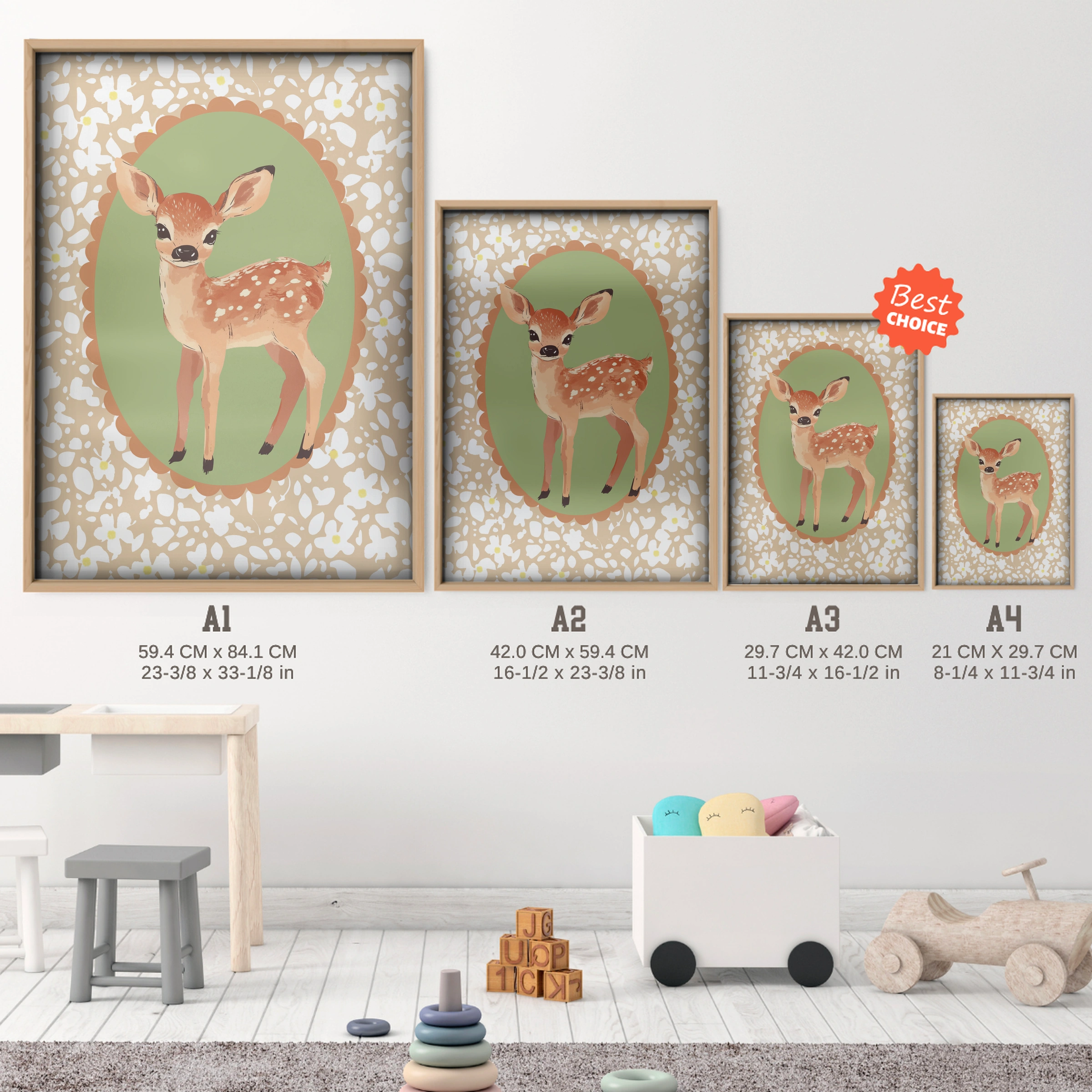 Fawn Cameo Nursery Print - size guide A4 A3 A2 A1 nursery print