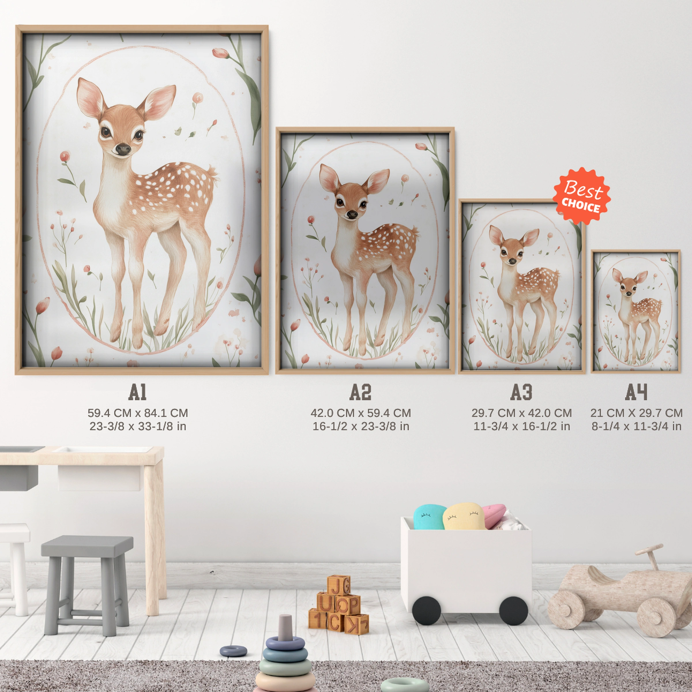 Fawn in a Floral Oval Nursery Print - size guide A4 A3 A2 A1 nursery print