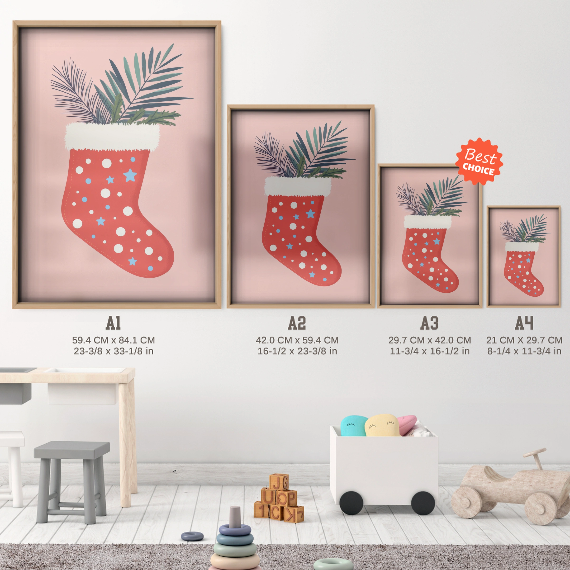 Festive Stocking Christmas Print - size guide A4 A3 A2 A1 nursery print