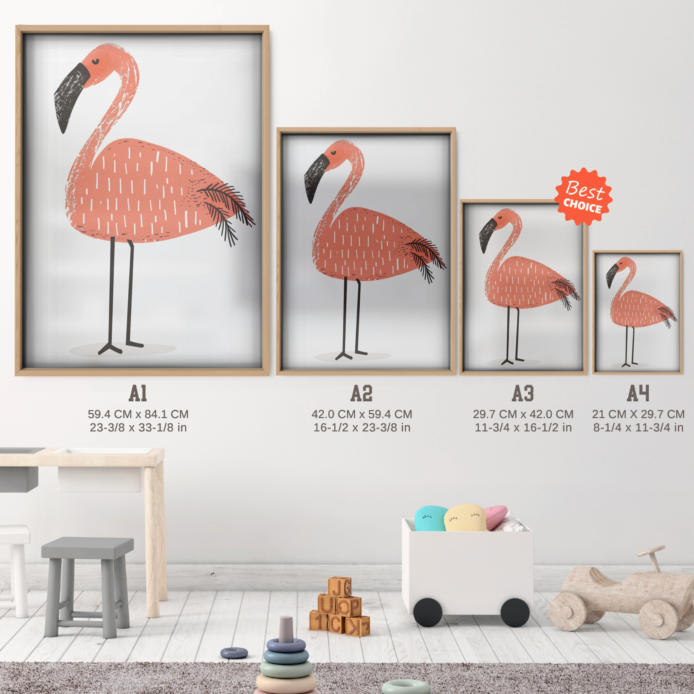 Flamingo Nursery Print - size guide A4 A3 A2 A1 nursery print