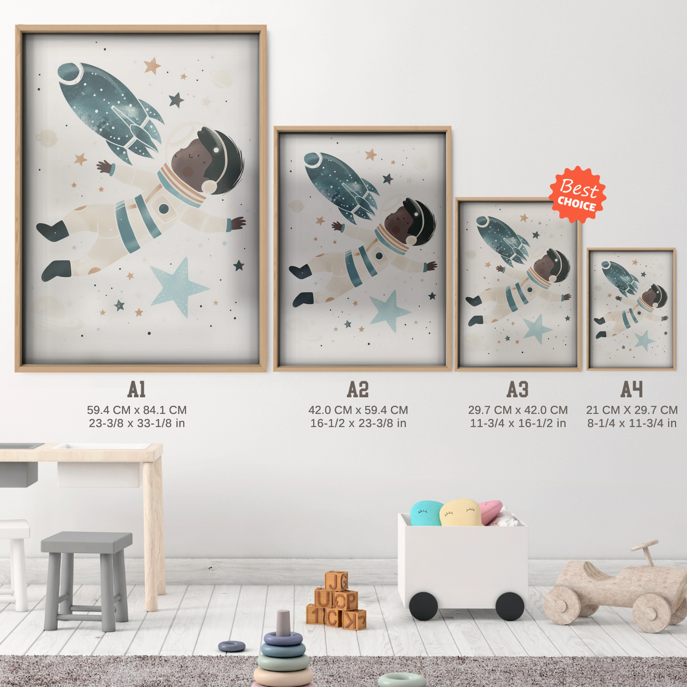 Floating Astronaut Nursery Print - size guide A4 A3 A2 A1 nursery print