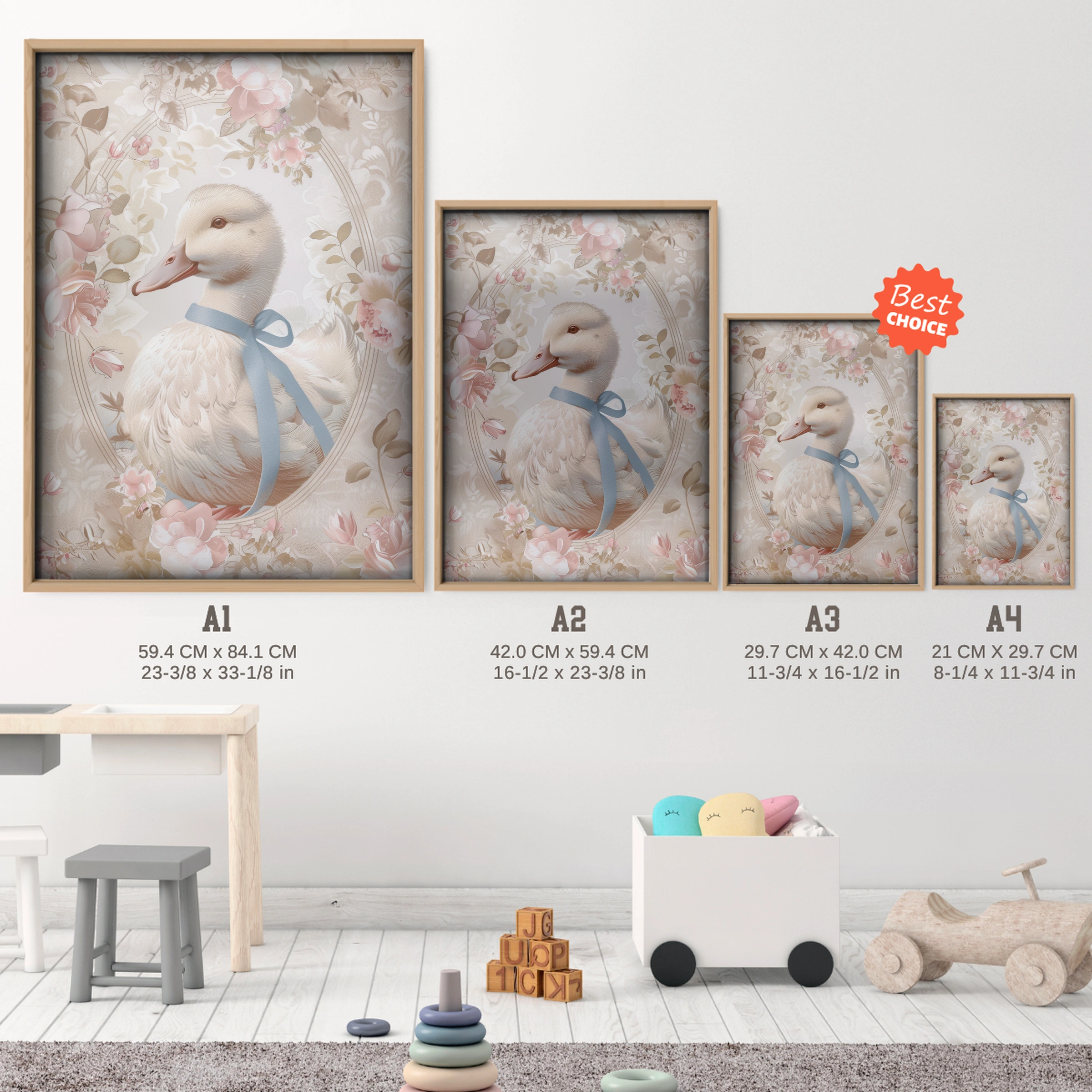 Floral Duck Nursery Print - size guide A4 A3 A2 A1 nursery print