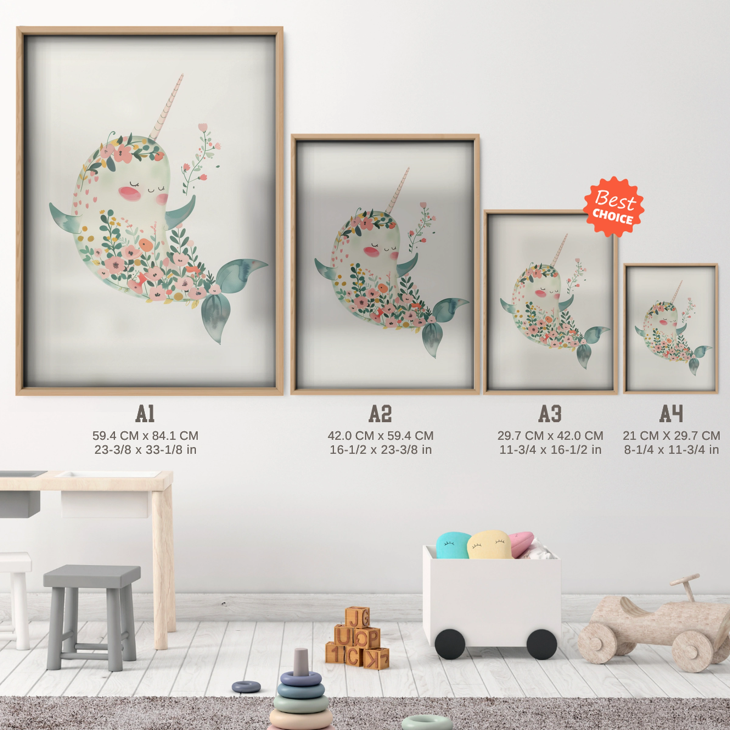 Floral Narwhal Nursery Print - size guide A4 A3 A2 A1 nursery print