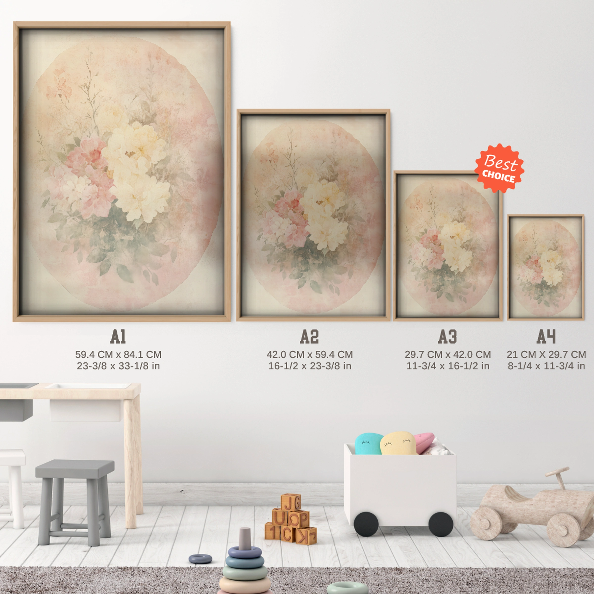 Floral Oval Nursery Print - size guide A4 A3 A2 A1 nursery print