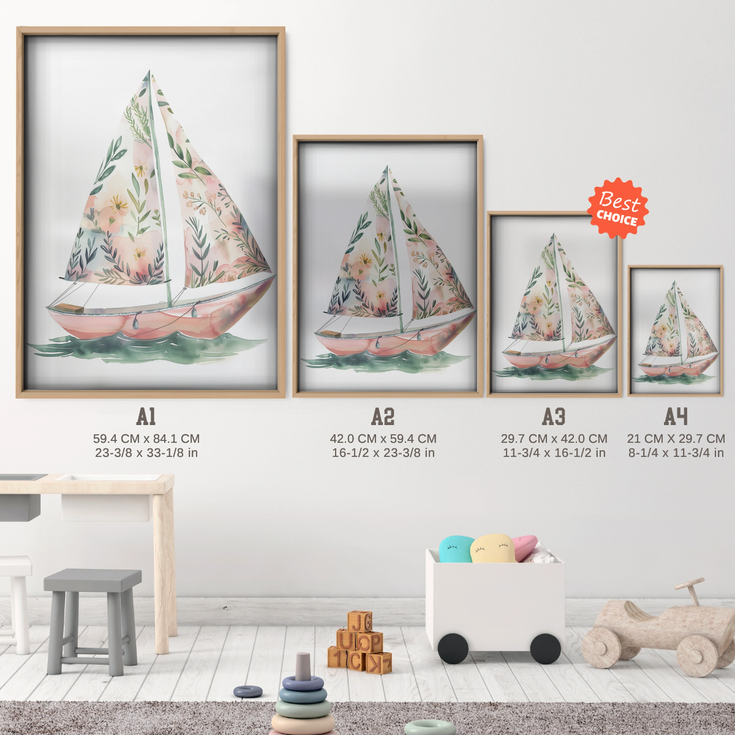 Floral Sailboat Nursery Print - size guide A4 A3 A2 A1 nursery print