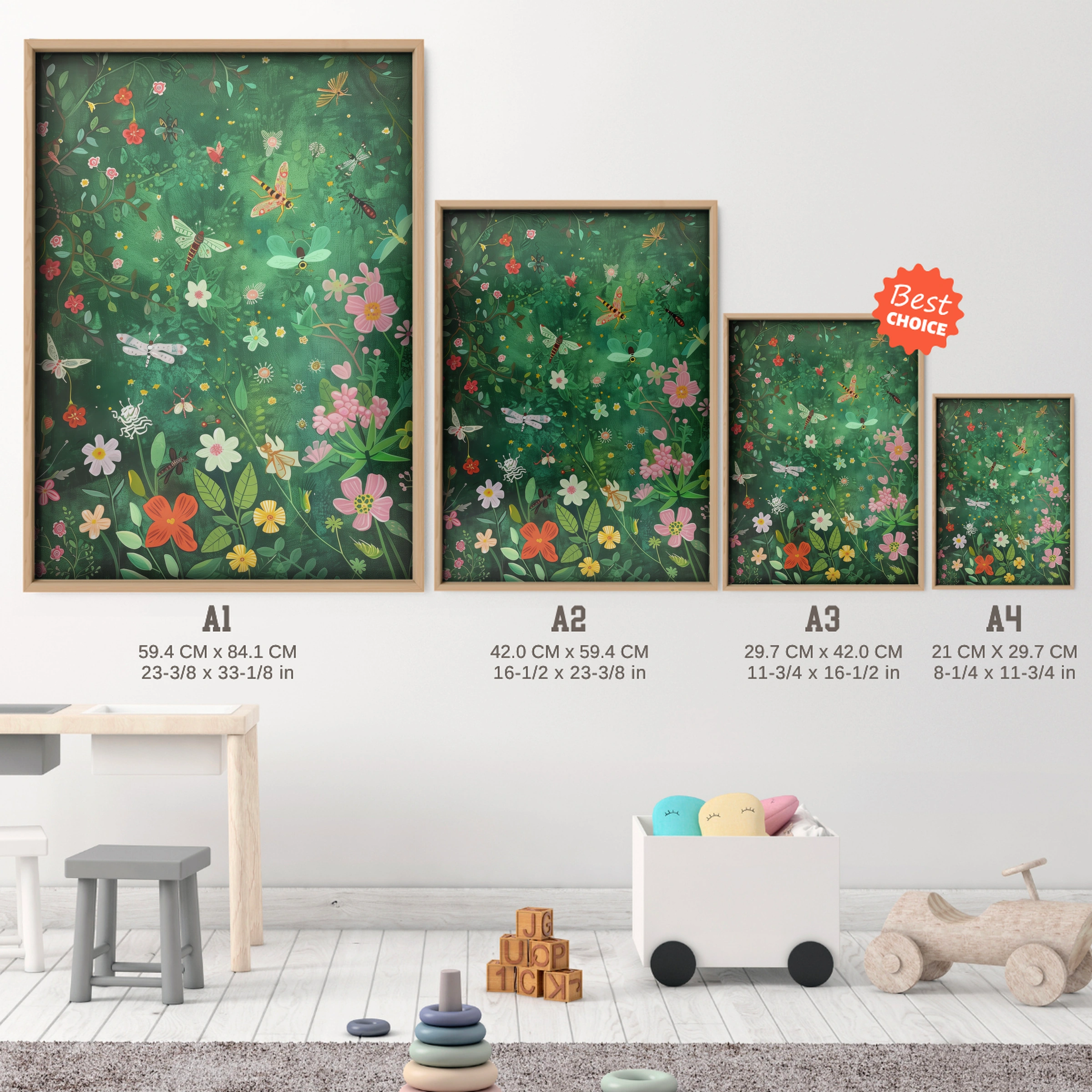 Flower and Butterfly Meadow Nursery Print - size guide A4 A3 A2 A1 nursery print