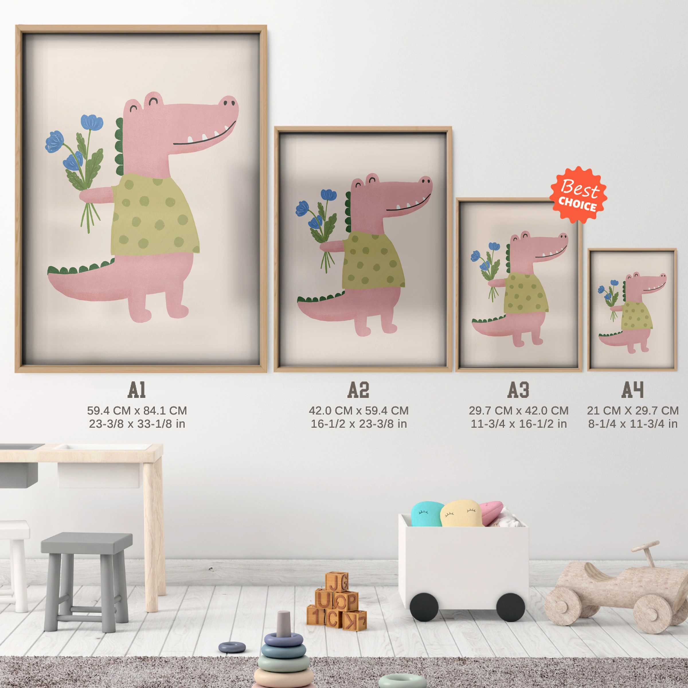 Flower Crocodile Nursery Print - size guide A4 A3 A2 A1 nursery print