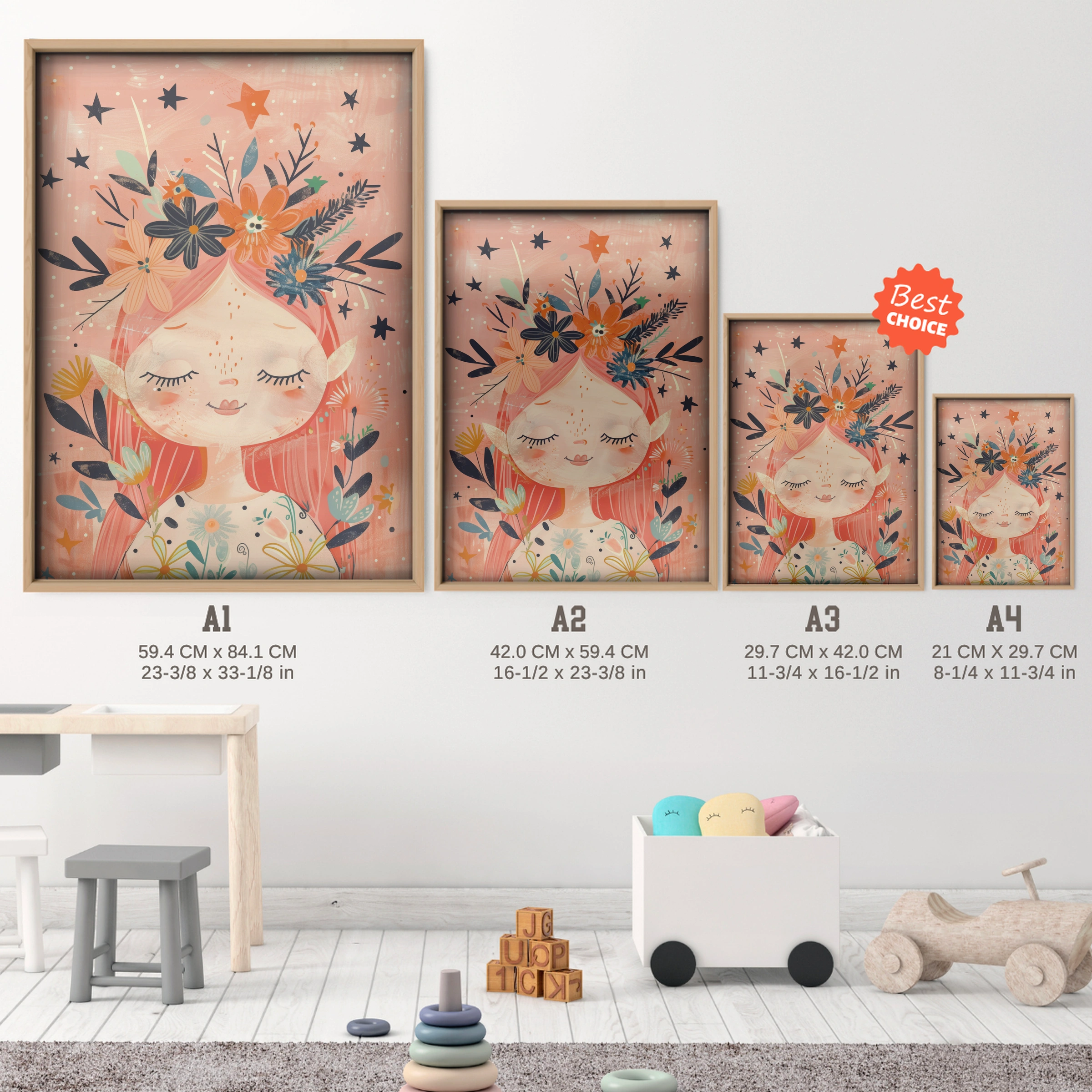 Flower Crown Girl Nursery Print - size guide A4 A3 A2 A1 nursery print