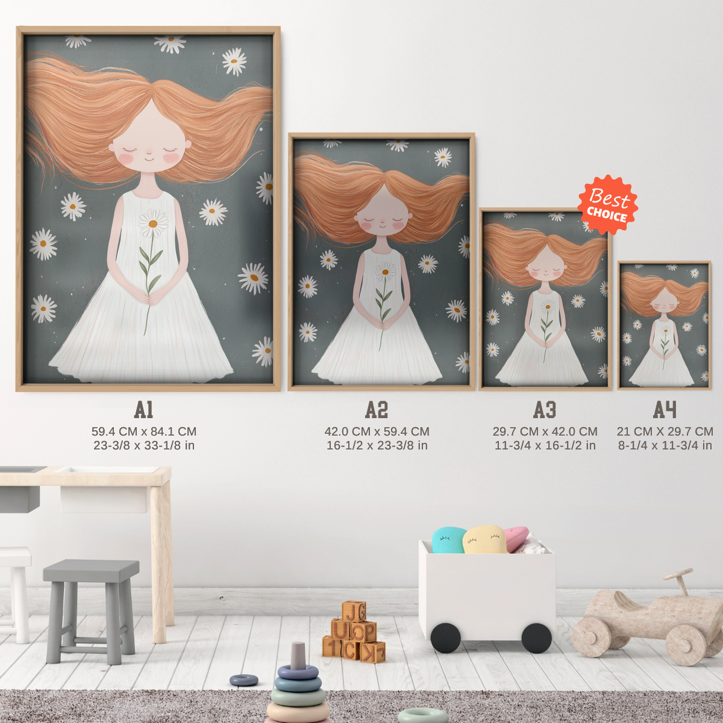 Flower Girl Nursery Print - size guide A4 A3 A2 A1 nursery print