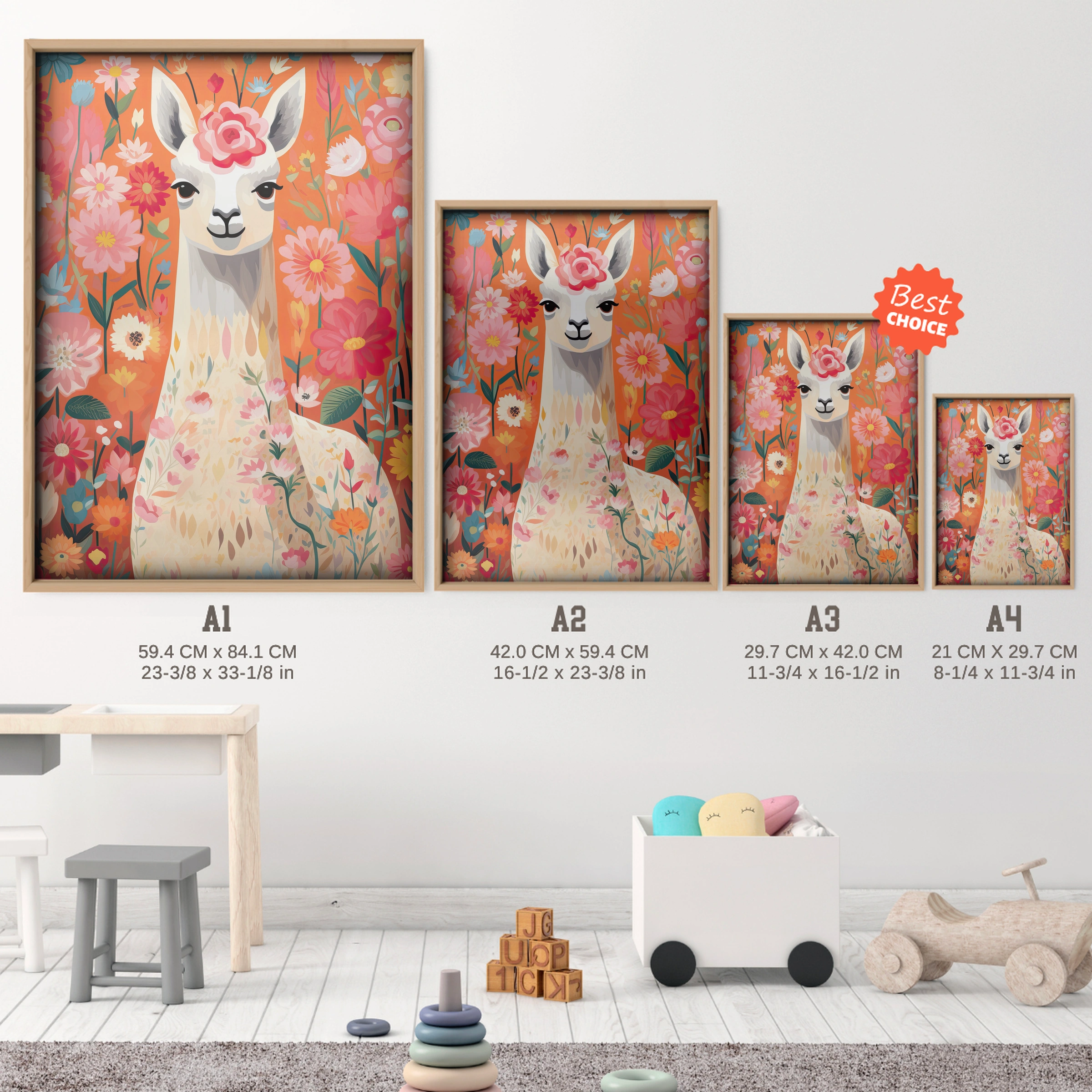 Flower Llama Nursery Print - size guide A4 A3 A2 A1 nursery print