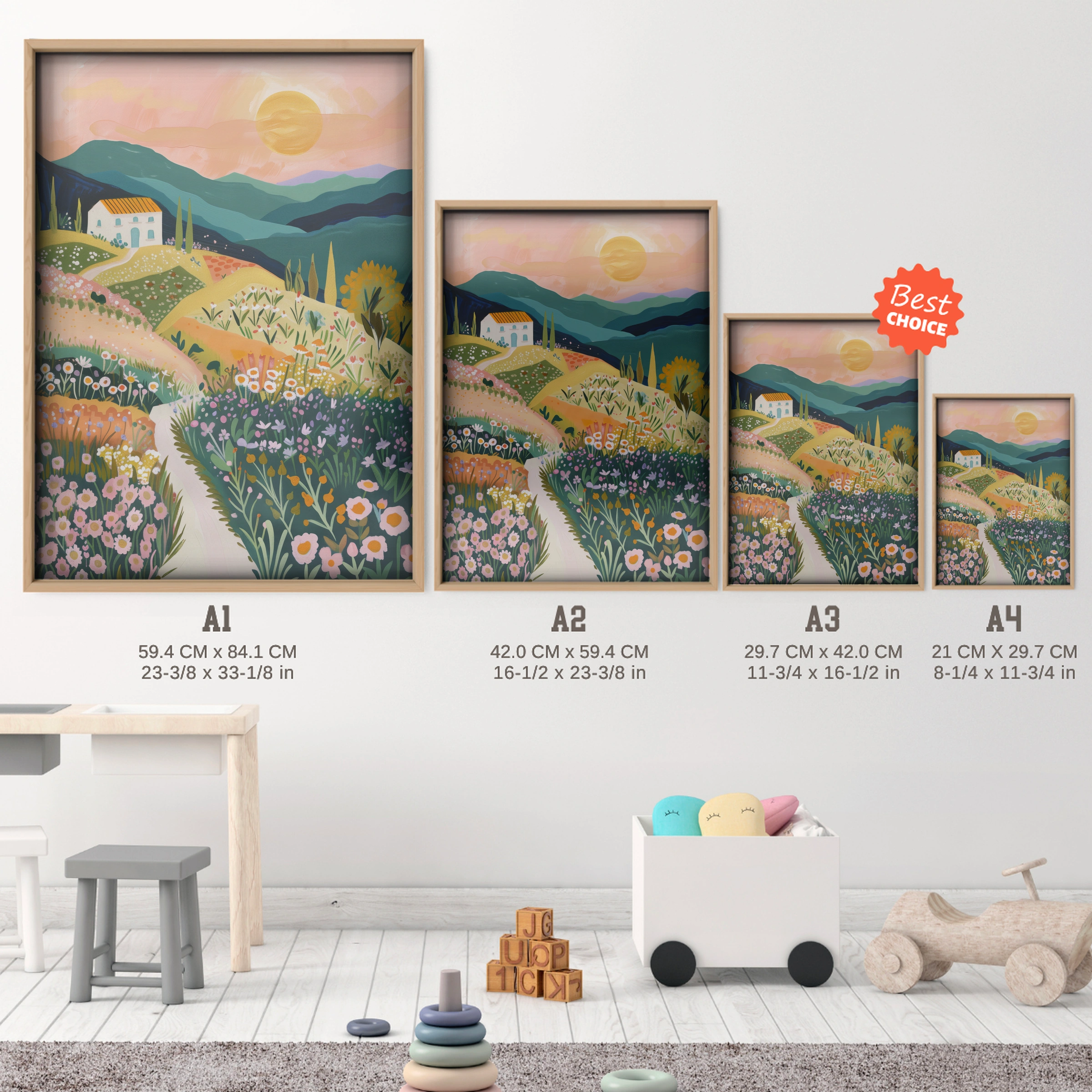 Flower Valley Nursery Print - size guide A4 A3 A2 A1 nursery print