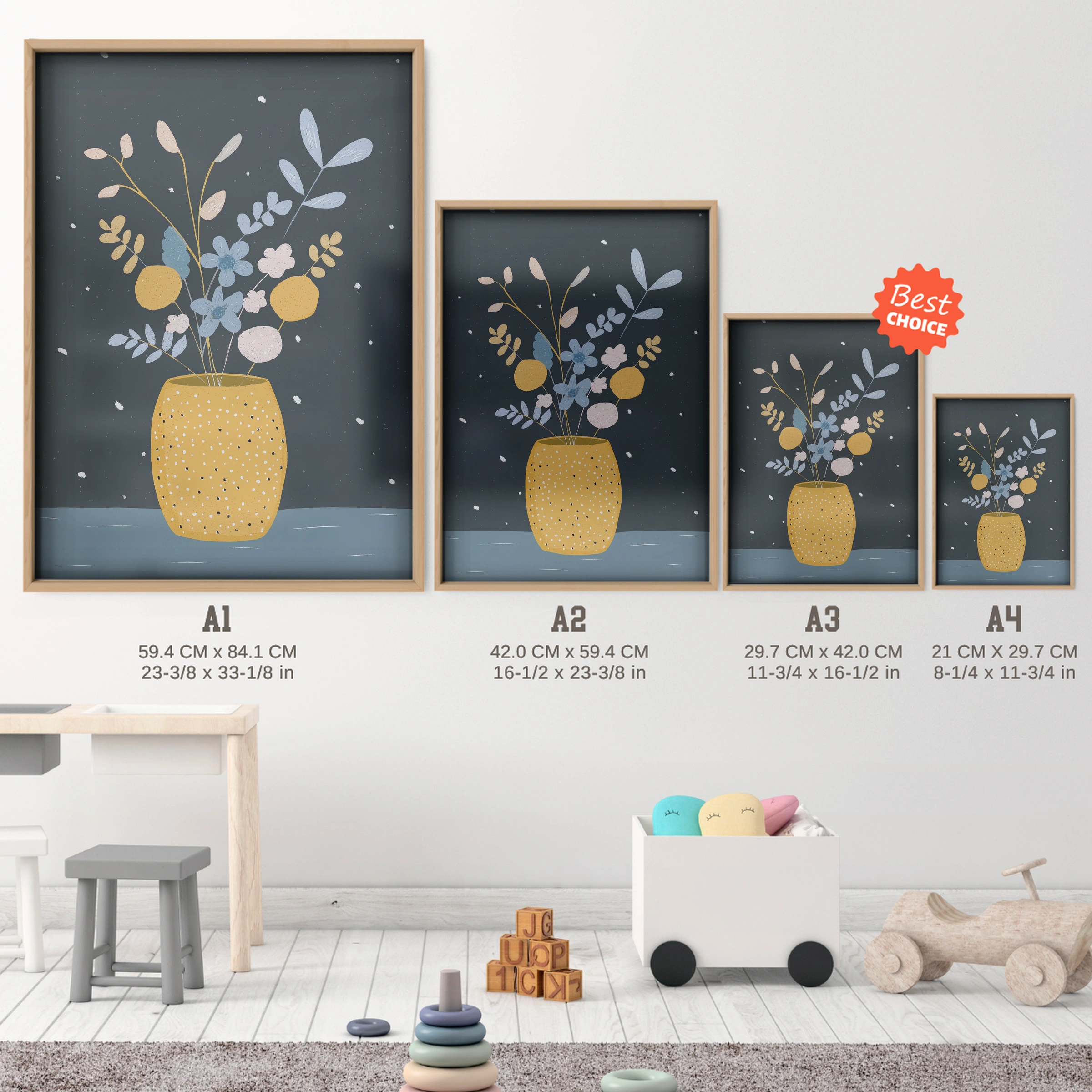 Flowers in a Vase Nursery Print - size guide A4 A3 A2 A1 nursery print