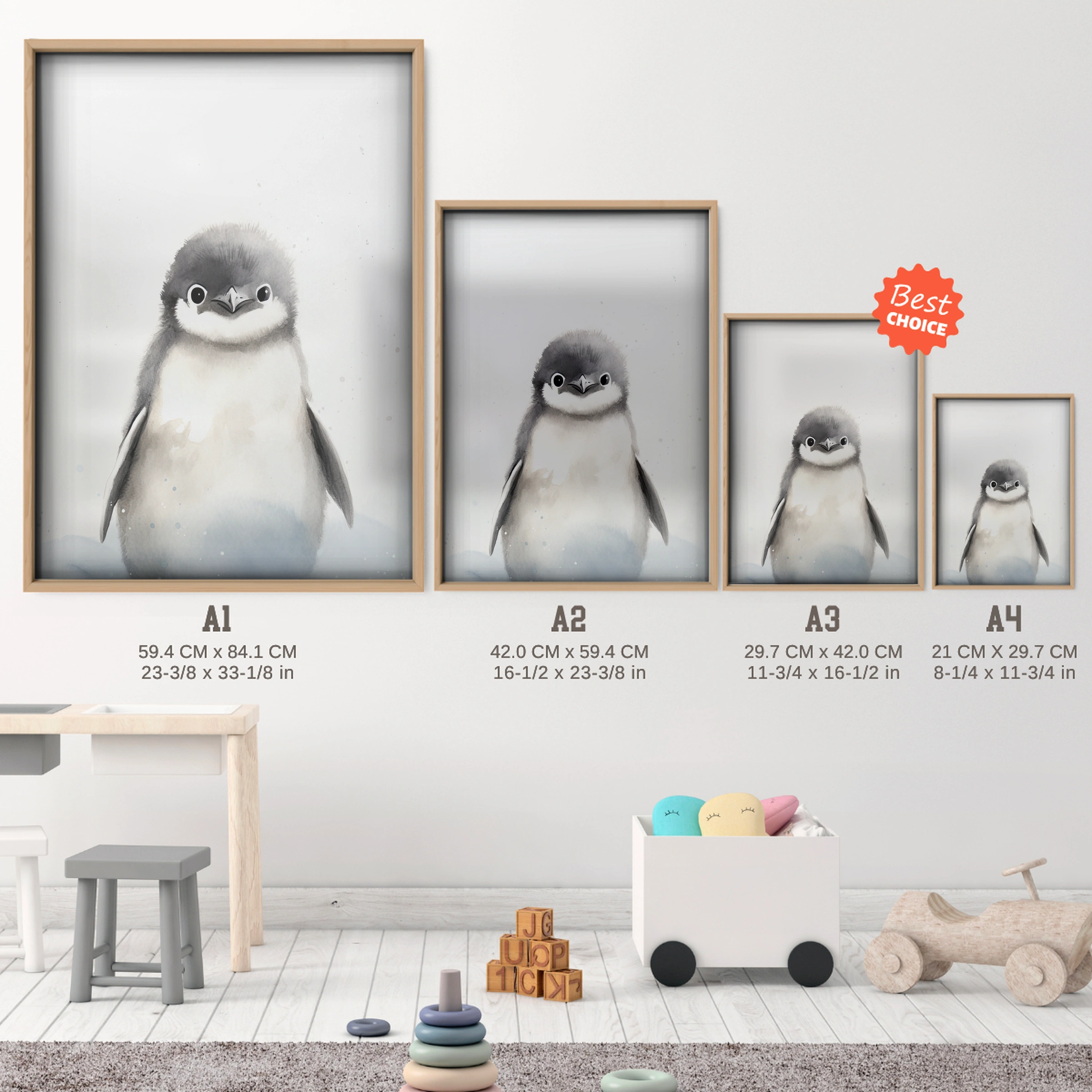 Fluffy Baby Penguin Nursery Print - size guide A4 A3 A2 A1 nursery print
