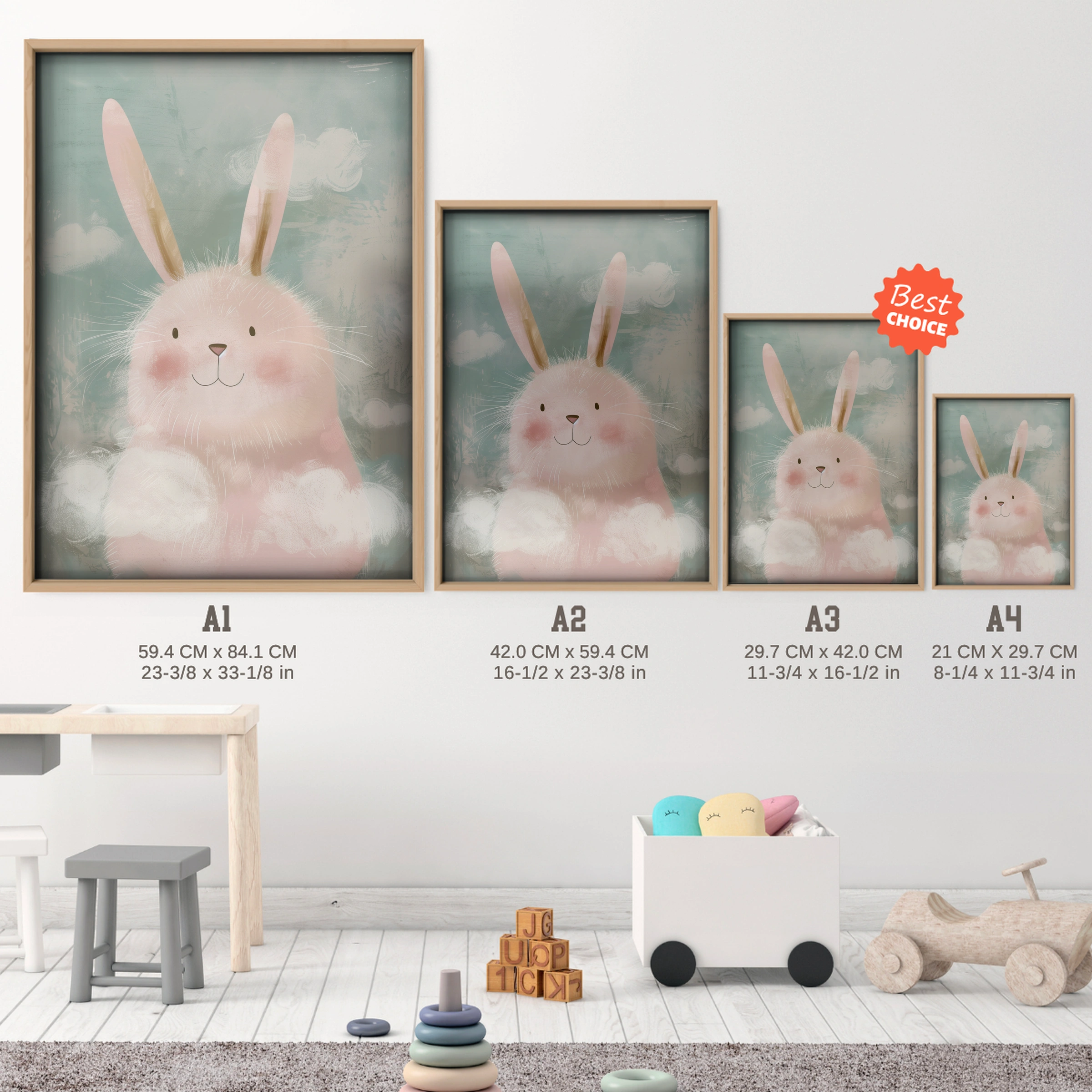 Fluffy Bunny in Clouds Nursery Print - size guide A4 A3 A2 A1 nursery print
