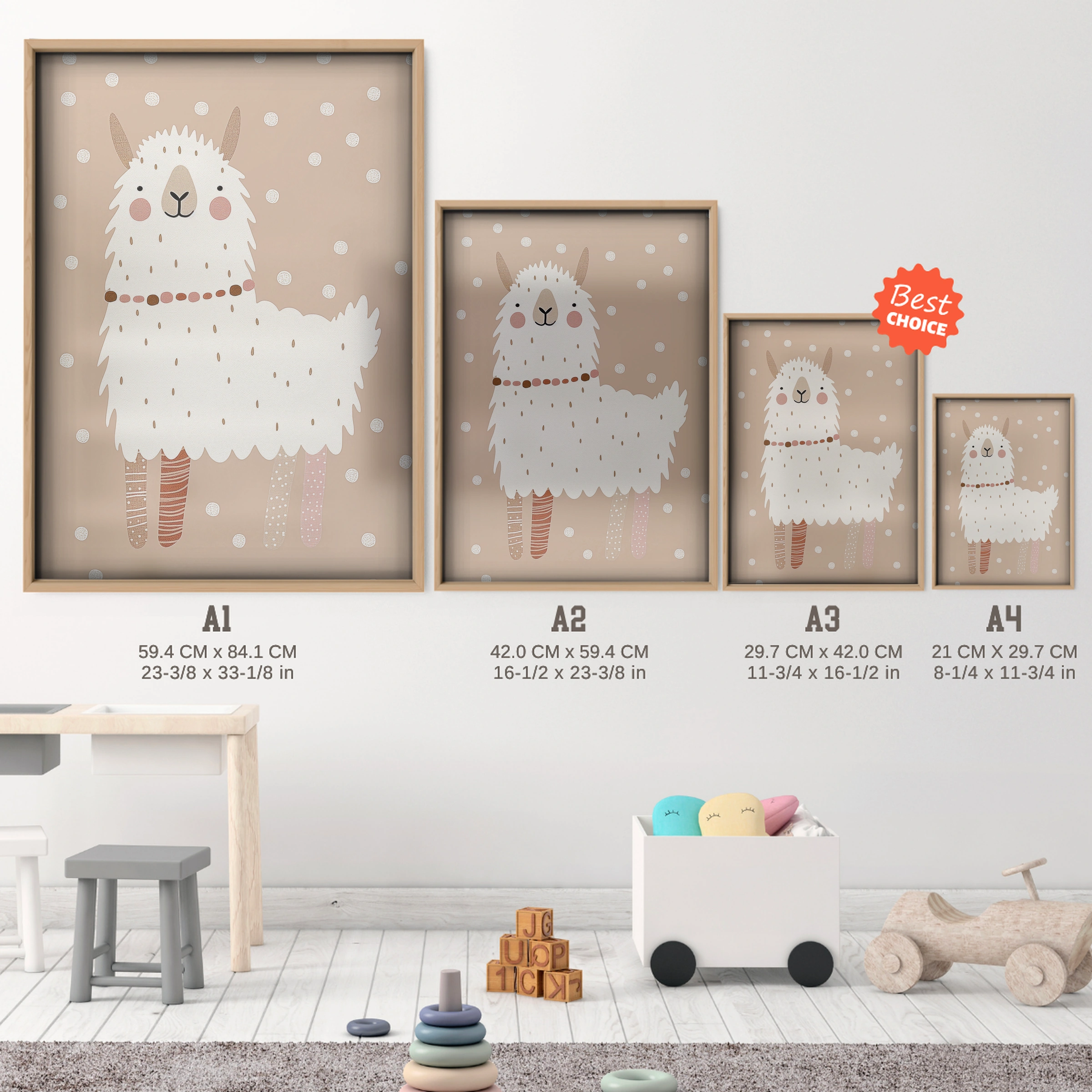 Fluffy Llama Nursery Print - size guide A4 A3 A2 A1 nursery print